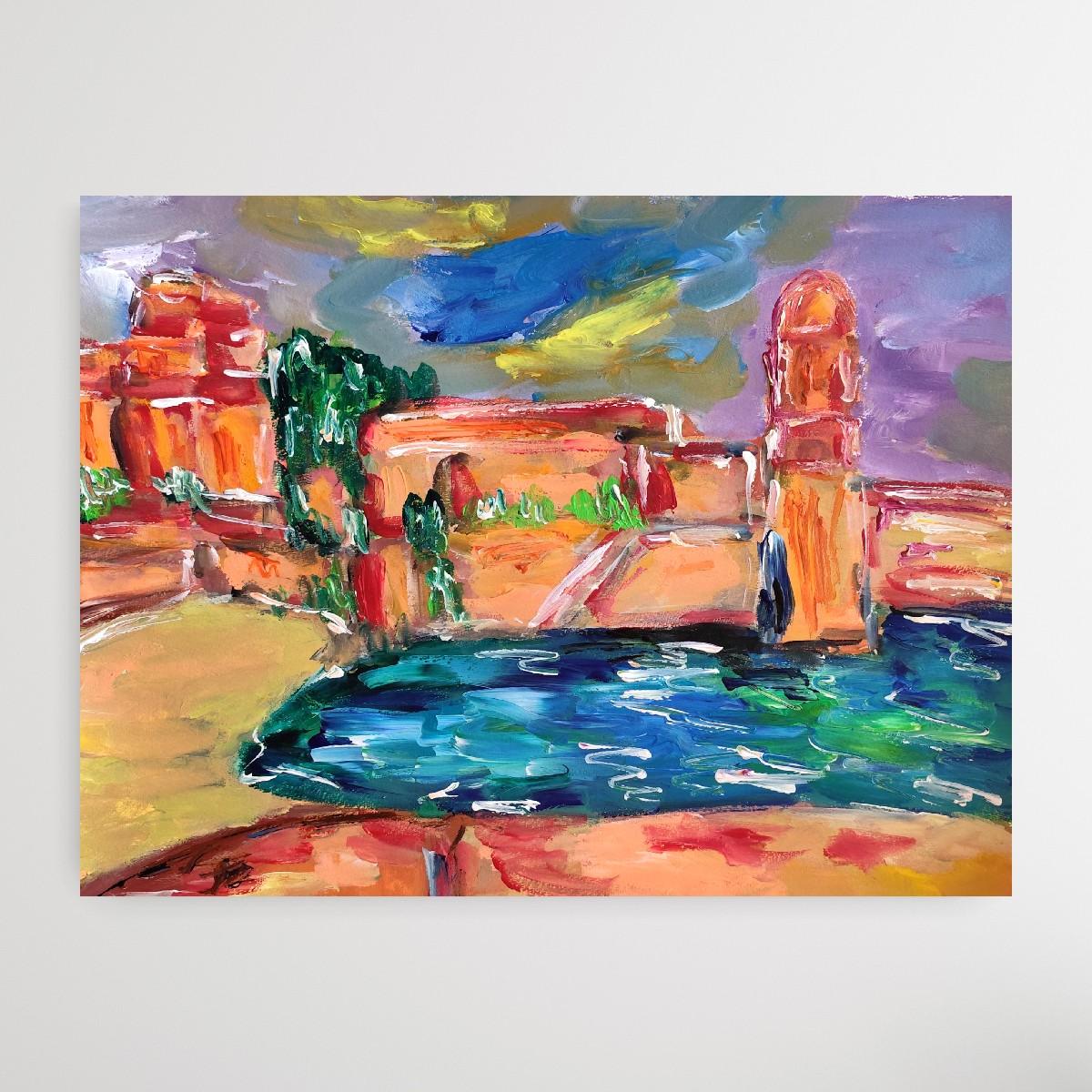 Impresionista abstracto  paisaje  pueblo del sur de francia pintura acrílica en venta 4