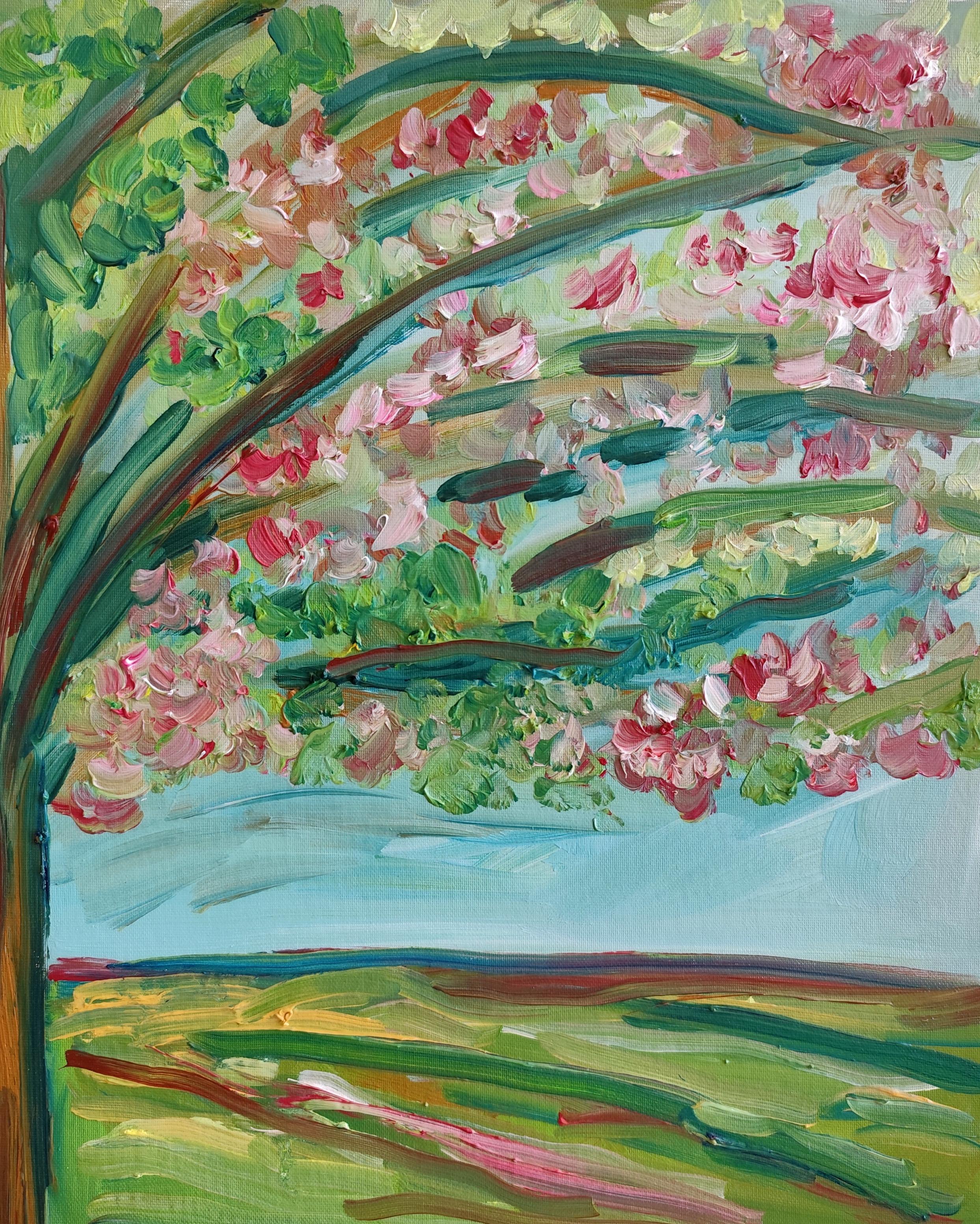 Abstract Painting di Mougenot Natalya - Pittura ad olio astratta impressionista su cartone "Fiori di mandorlo".