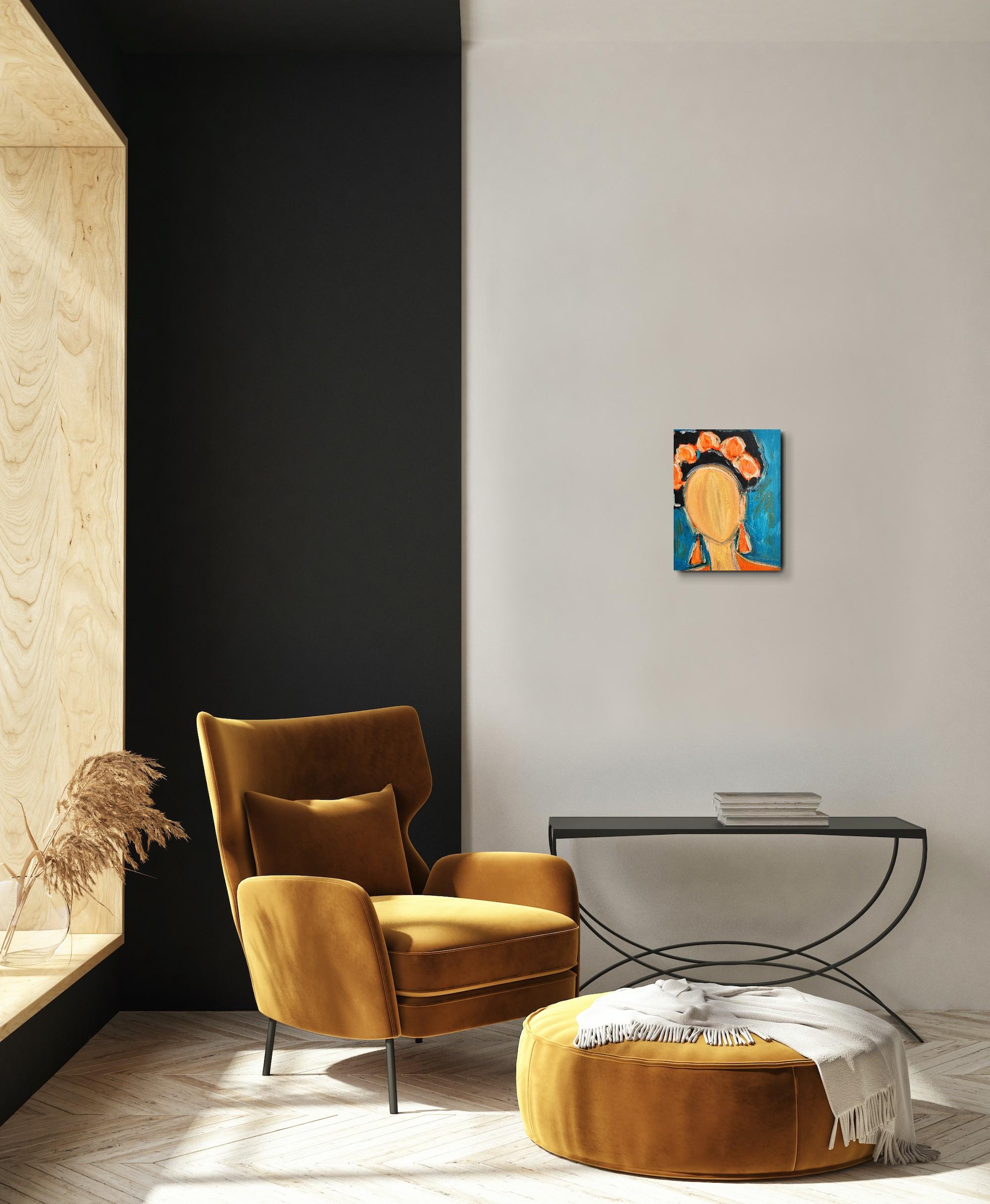 This contemporary abstract faceless portrait of Frida Kahlo, with a touch of impressionism and expressionism, was created by French artist Natalya Mougenot. 

Titled 