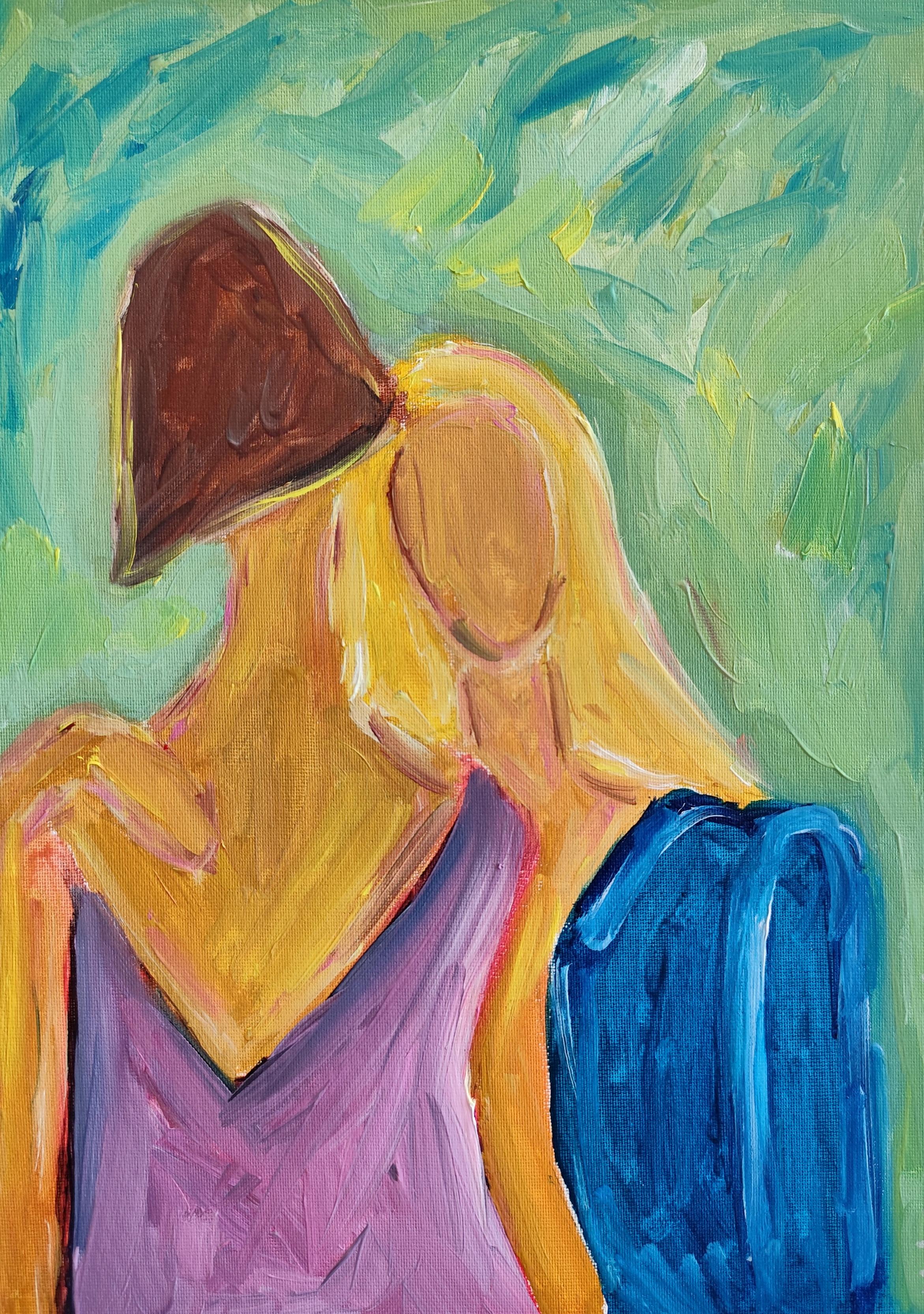 Ritratto astratto impressionista di donna olio su cartone "Unspoken connection" (legame non espresso)