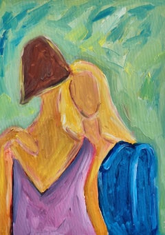 Ritratto astratto impressionista di donna olio su cartone "Unspoken connection" (legame non espresso)