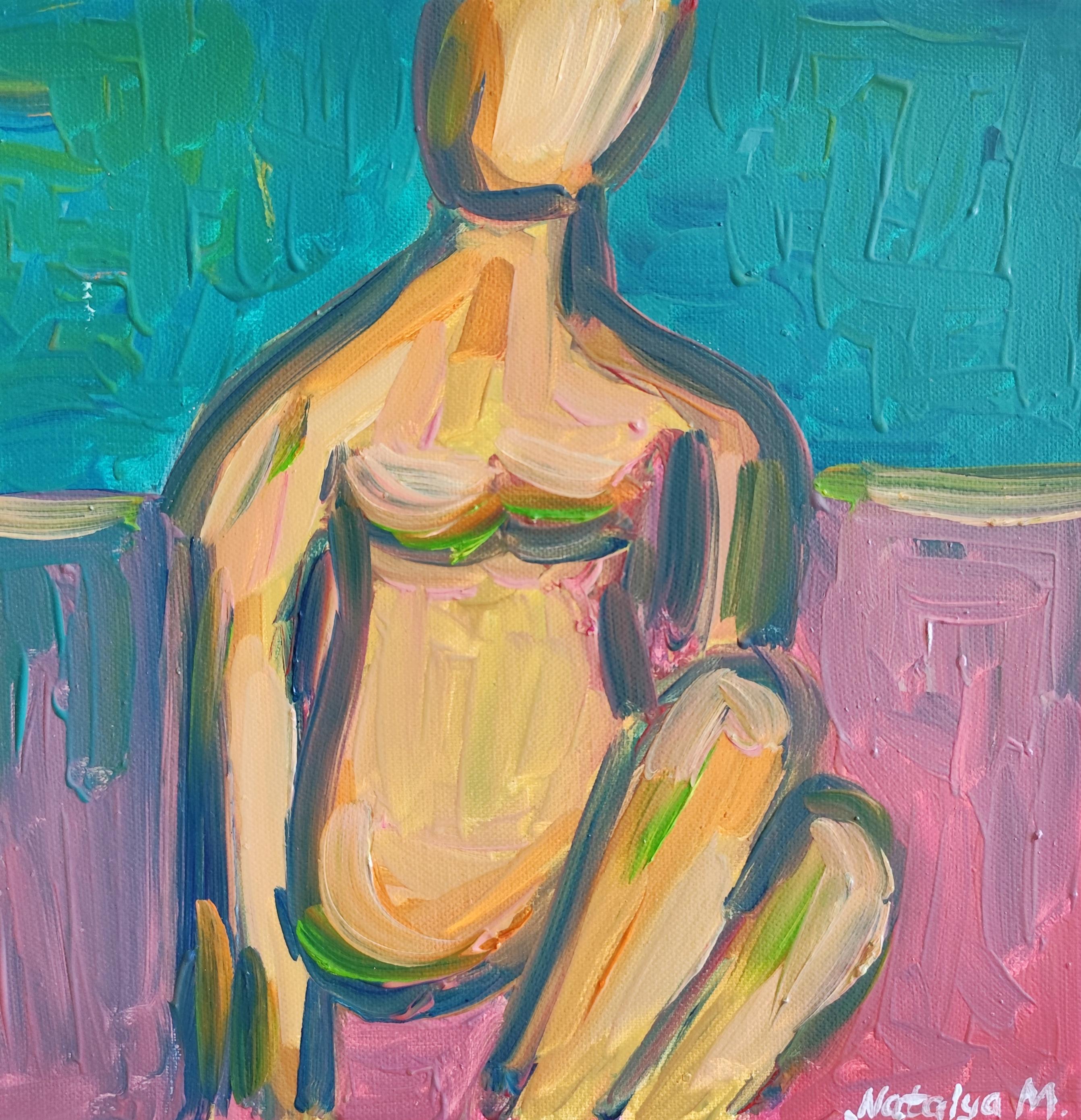 Pittura ad olio su tela "Solitudine silenziosa", impressionista astratto, corpo di donna