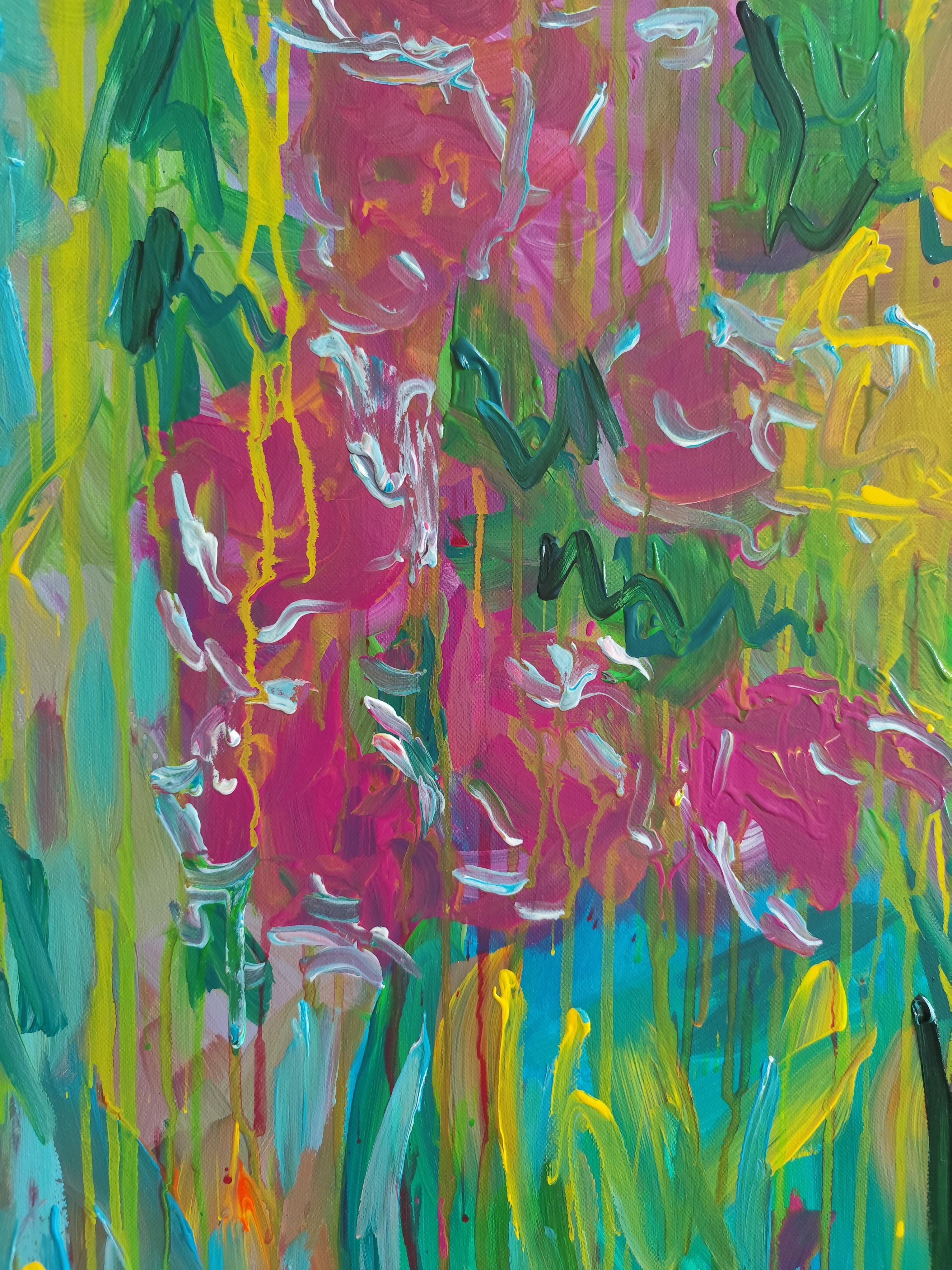 Quadro astratto di fiori in acrilico su tela 