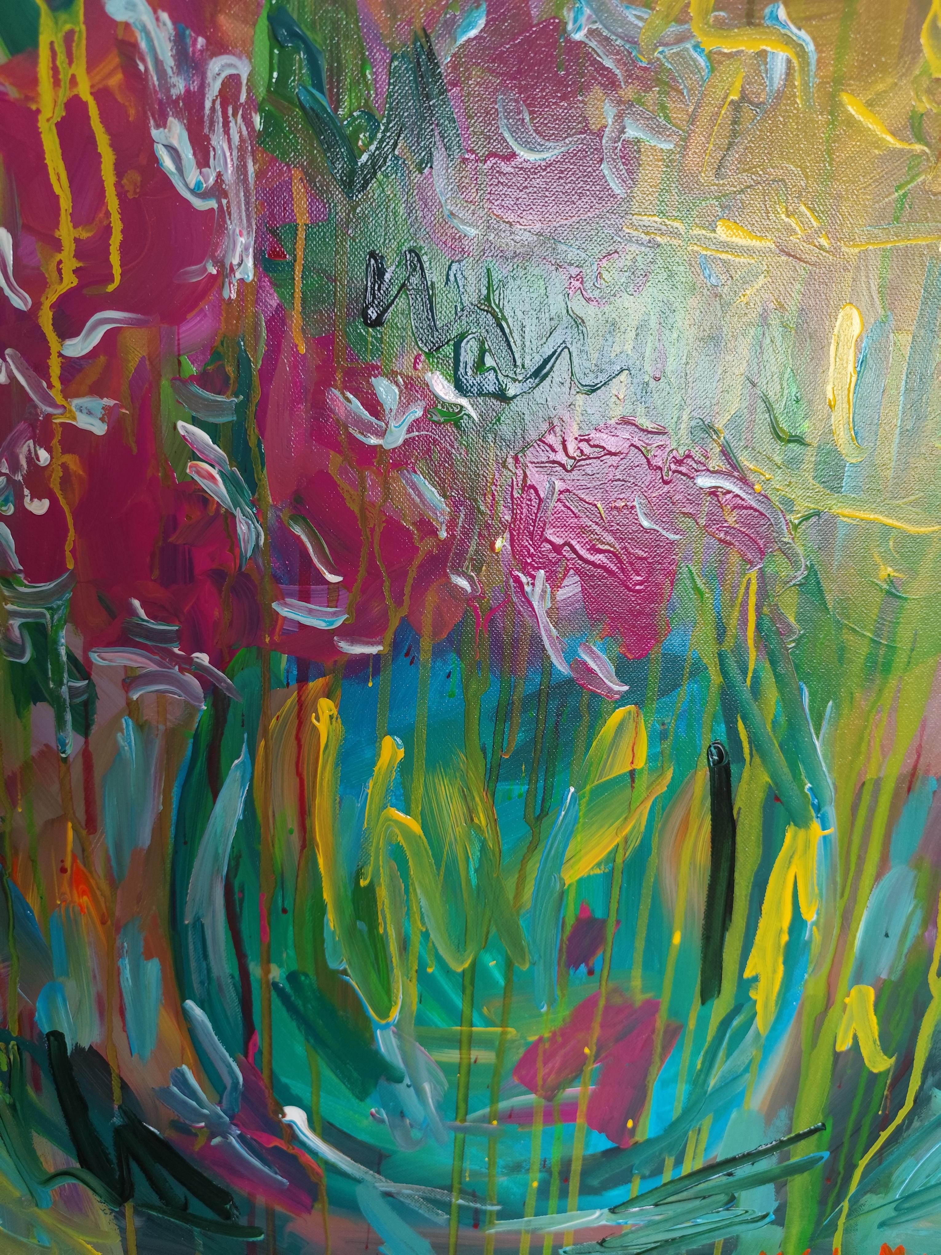 Quadro astratto di fiori in acrilico su tela 
