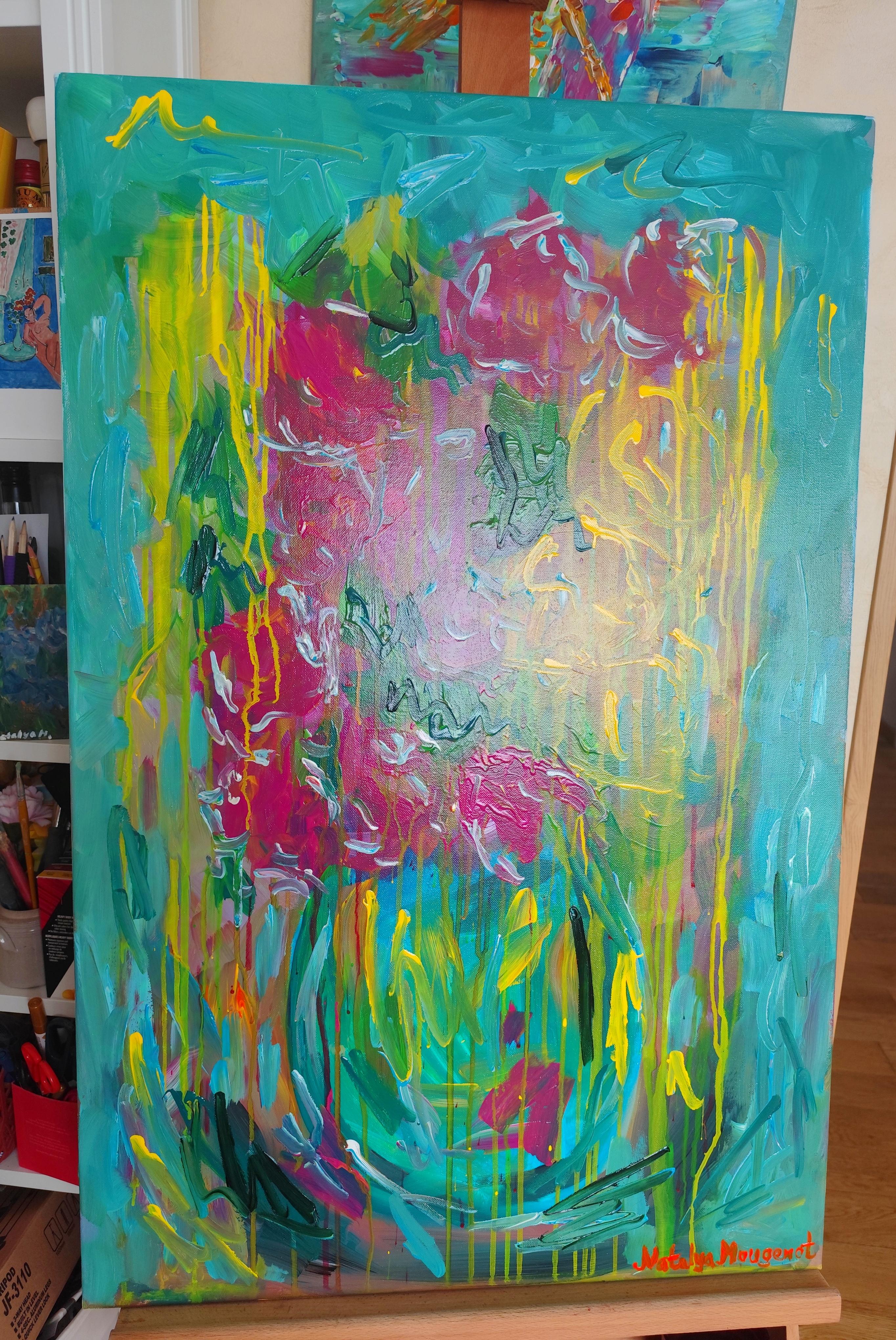 Quadro astratto di fiori in acrilico su tela 