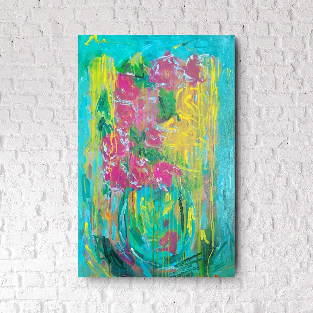 Quadro astratto di fiori in acrilico su tela 