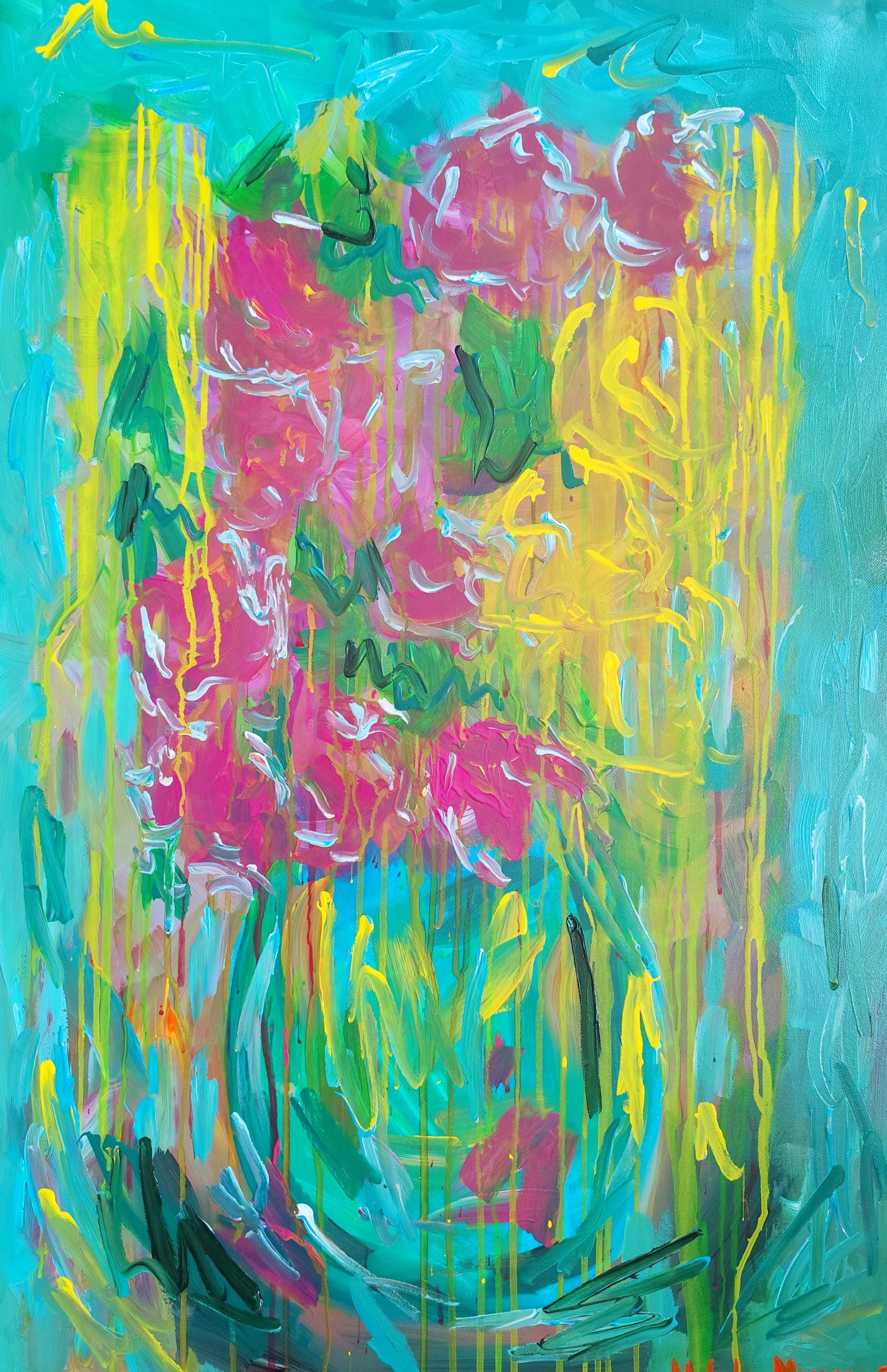 Abstract Painting di Mougenot Natalya - Quadro astratto di fiori in acrilico su tela "Vortice di fiori estivi".