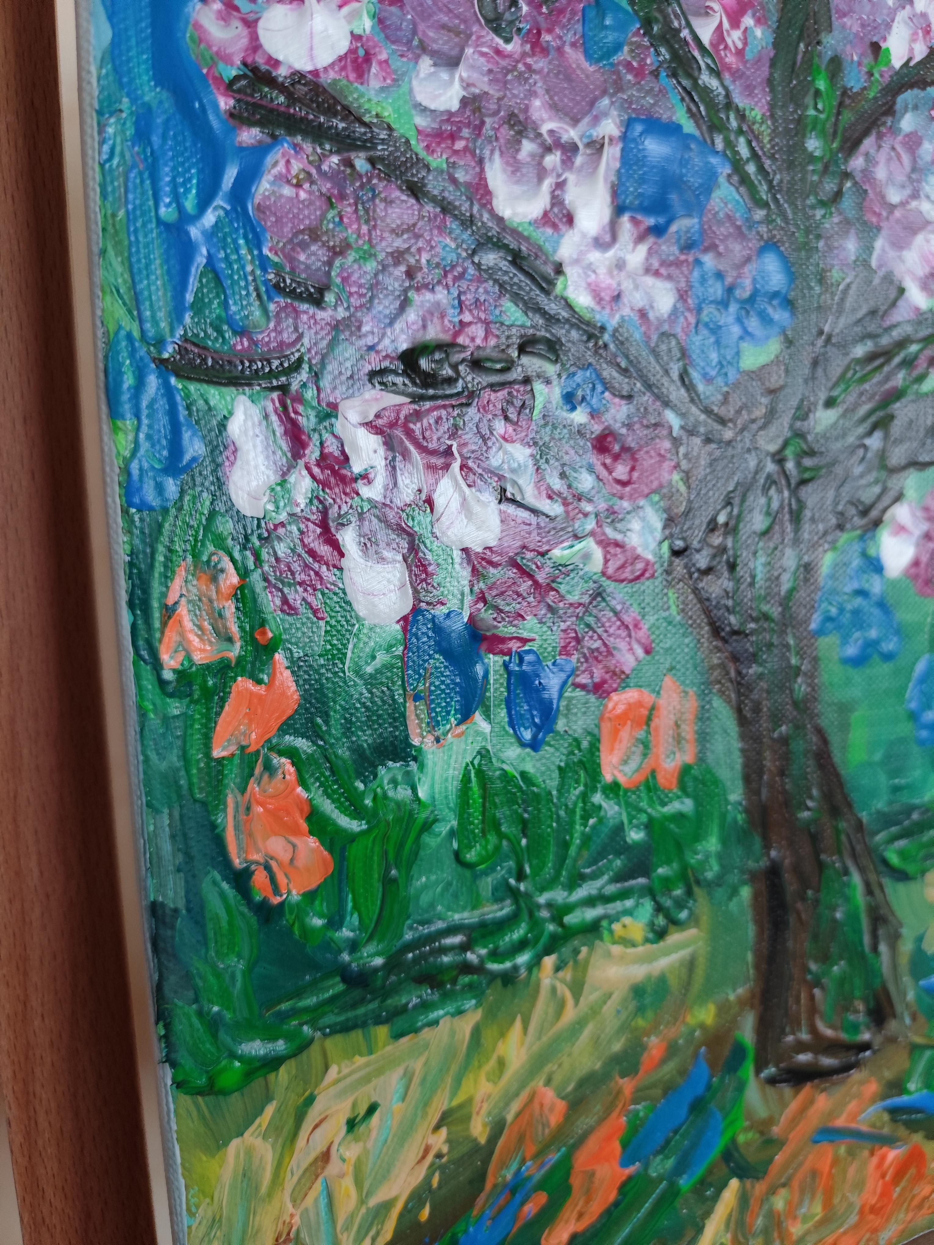 Pintura acrílica abstracta impresionista de naturaleza sobre lienzo 