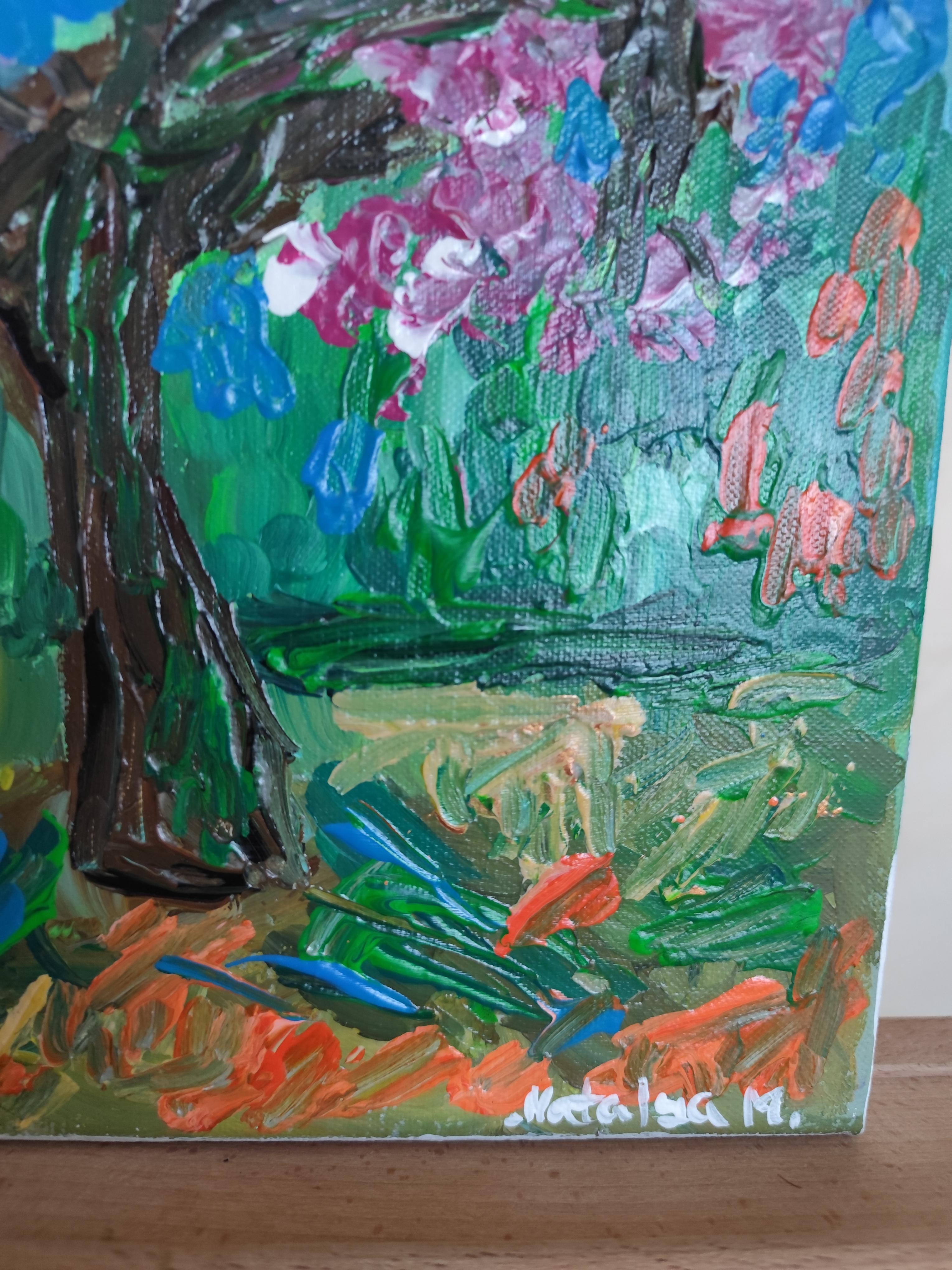 Pintura acrílica abstracta impresionista de naturaleza sobre lienzo 
