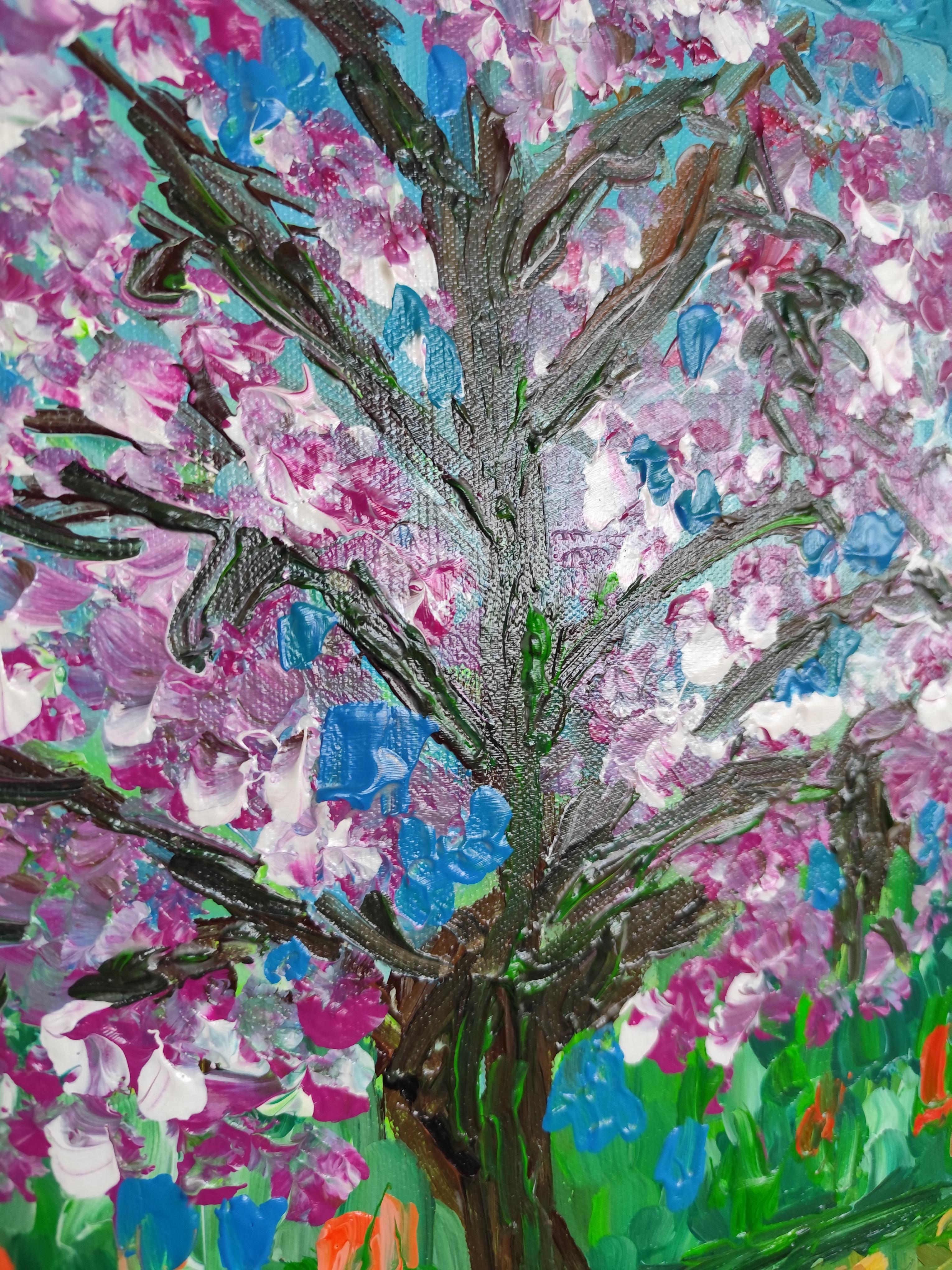 Pintura acrílica abstracta impresionista de naturaleza sobre lienzo 