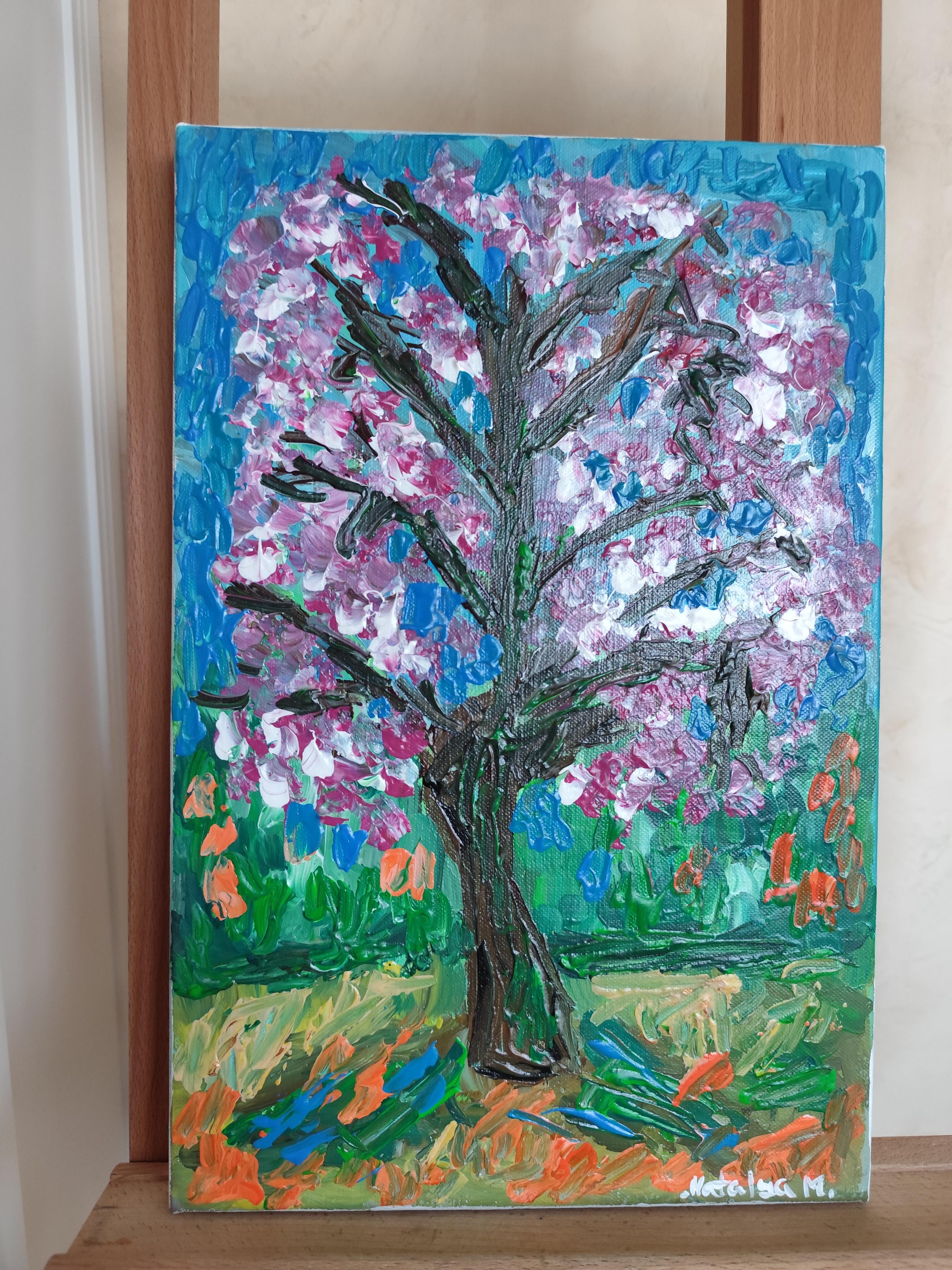 Pintura acrílica abstracta impresionista de naturaleza sobre lienzo 