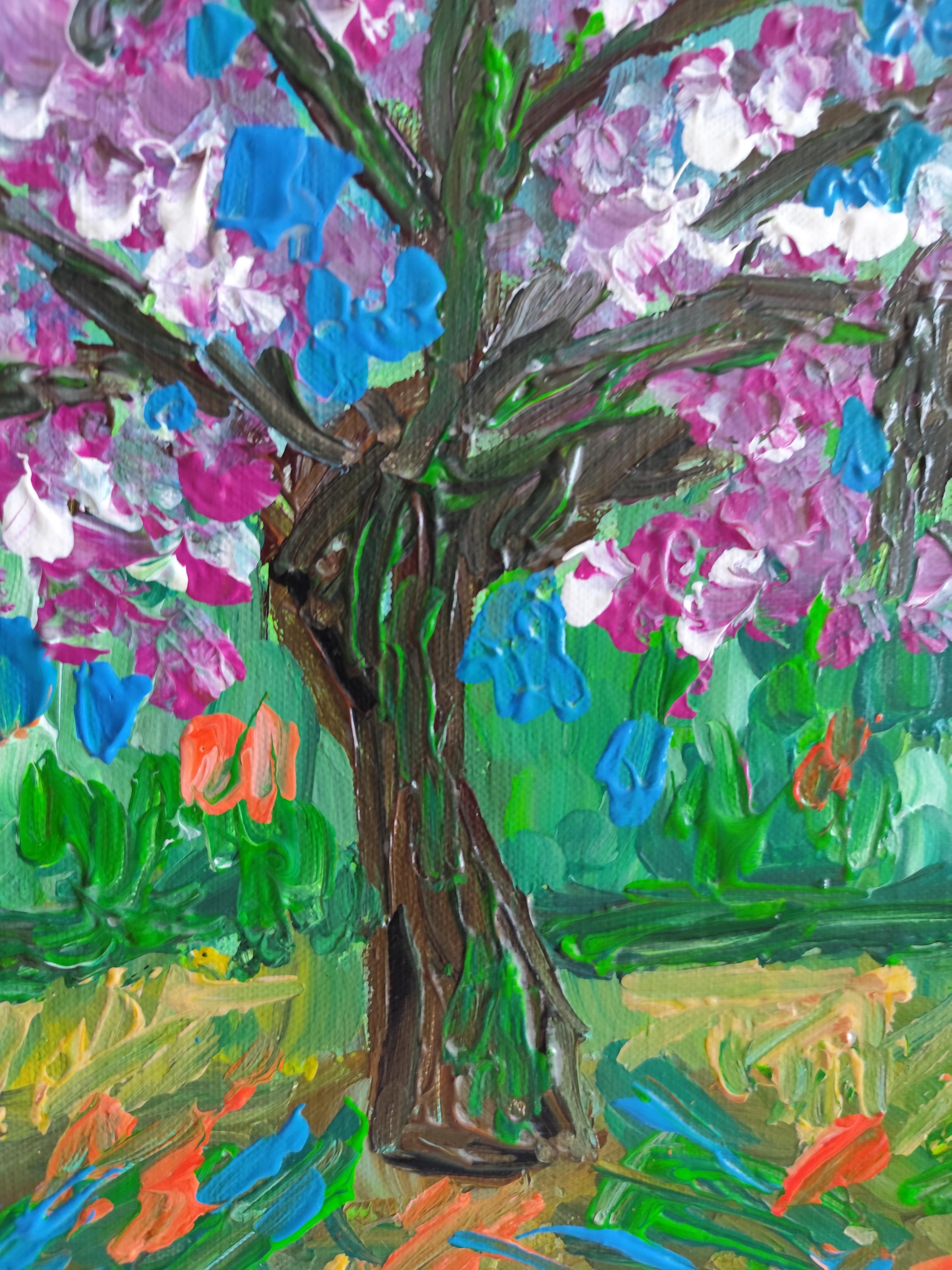 Pintura acrílica abstracta impresionista de naturaleza sobre lienzo 