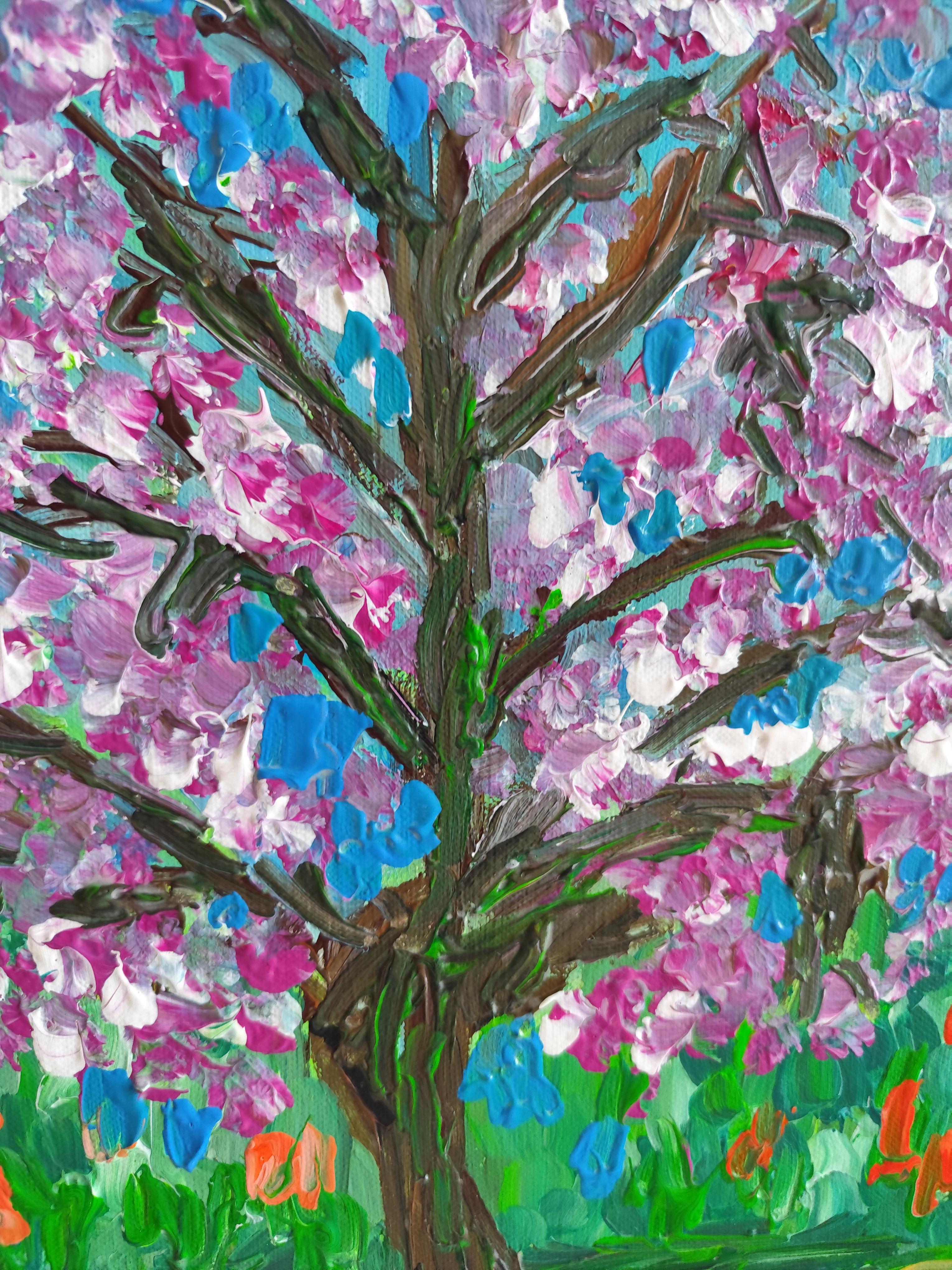 Pintura acrílica abstracta impresionista de naturaleza sobre lienzo 