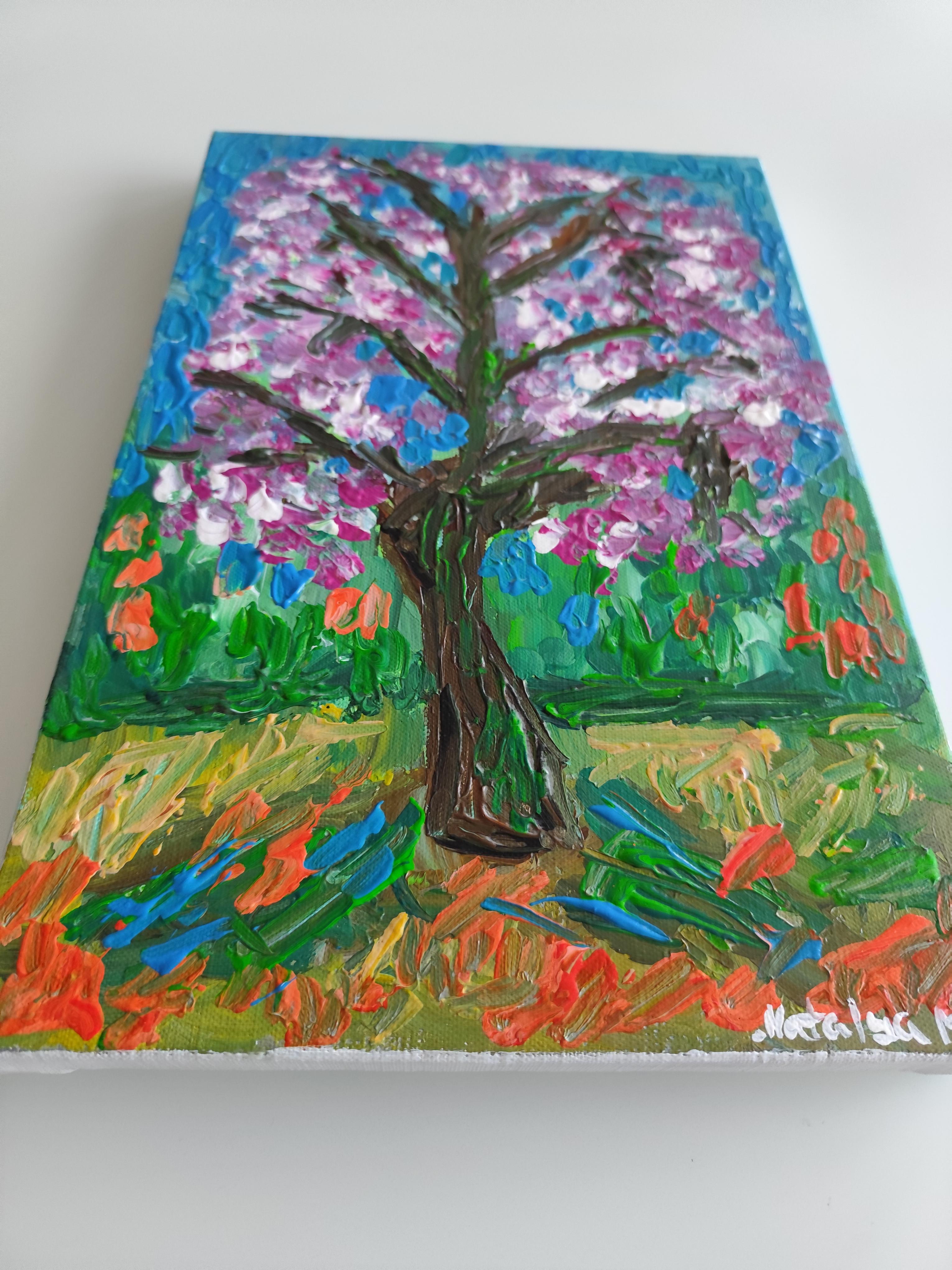 Pintura acrílica abstracta impresionista de naturaleza sobre lienzo 
