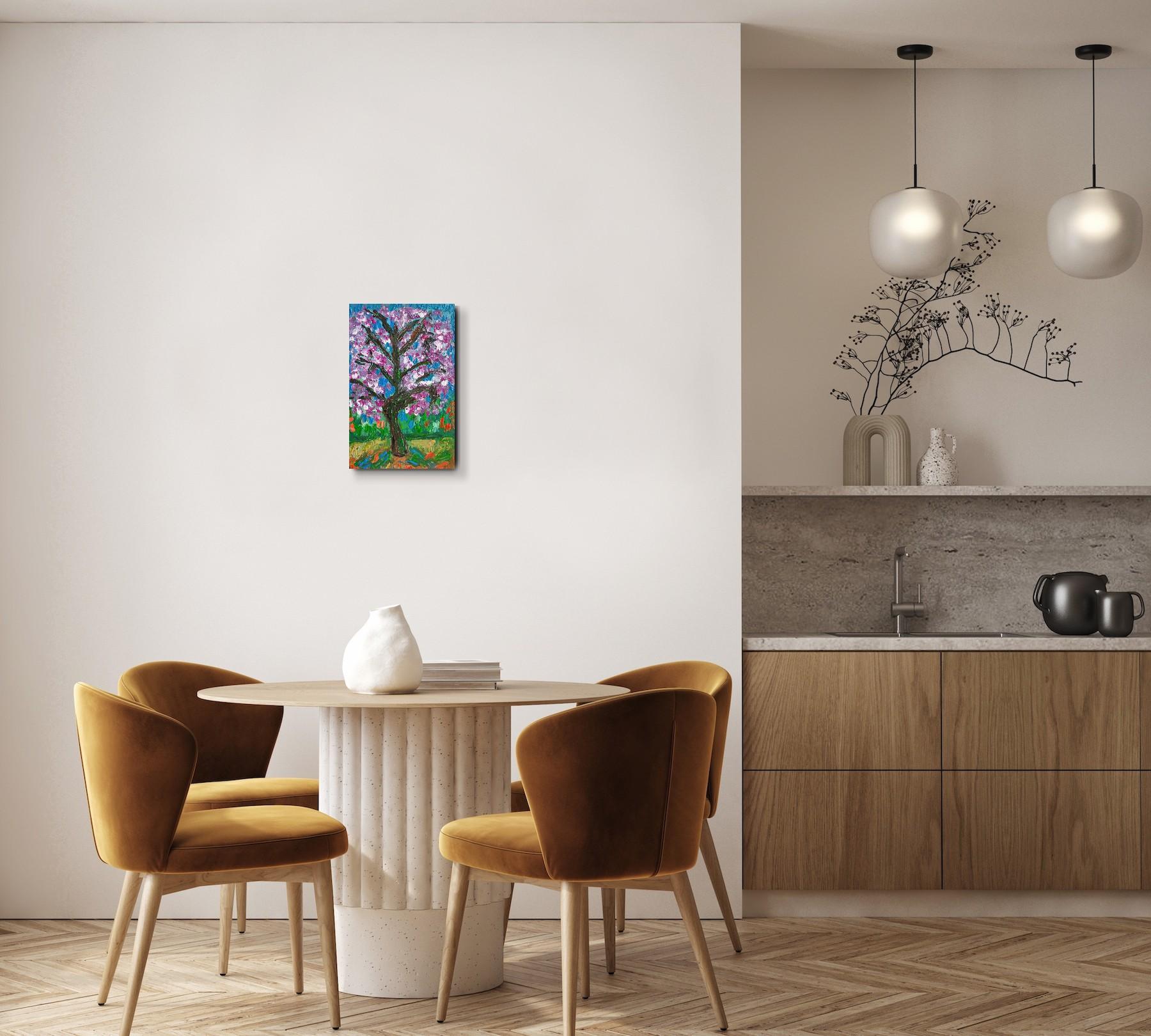 Pintura acrílica abstracta impresionista de naturaleza sobre lienzo 