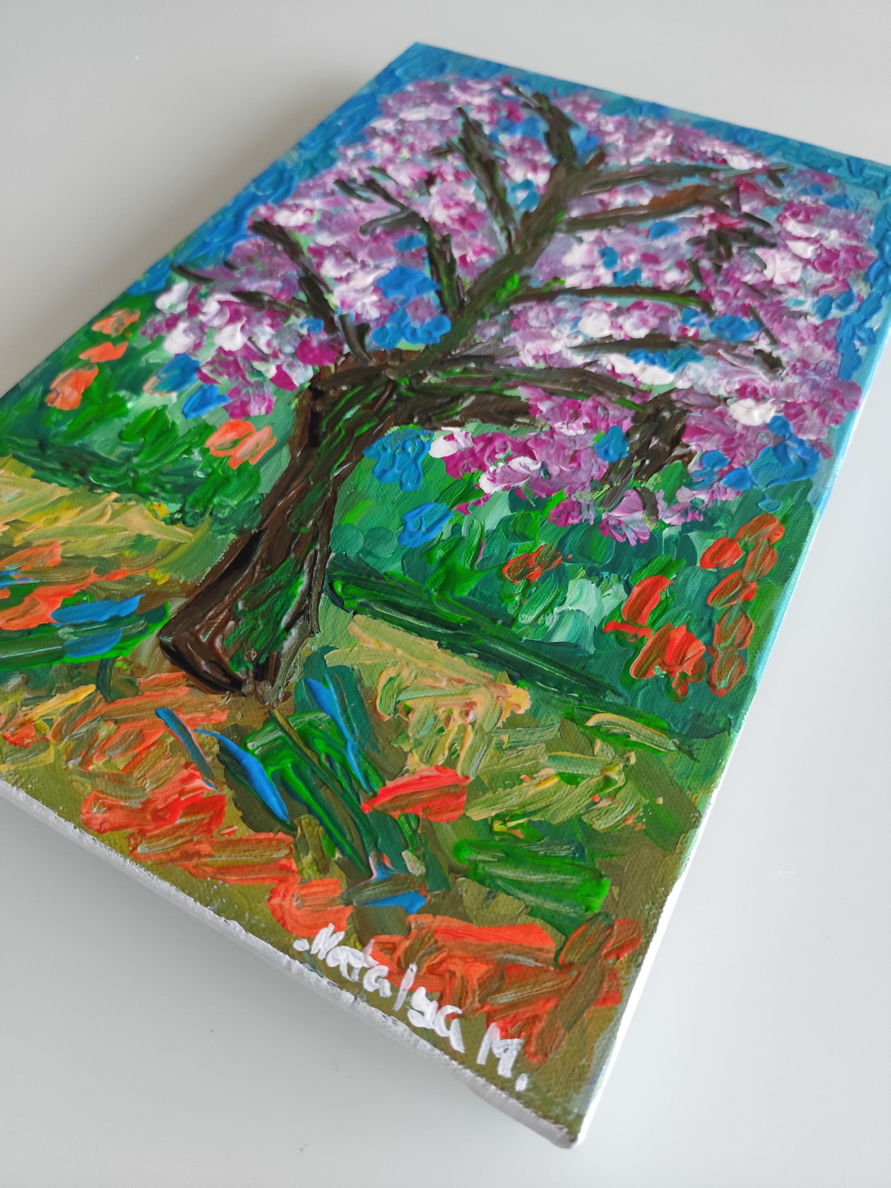 Pintura acrílica abstracta impresionista de naturaleza sobre lienzo 