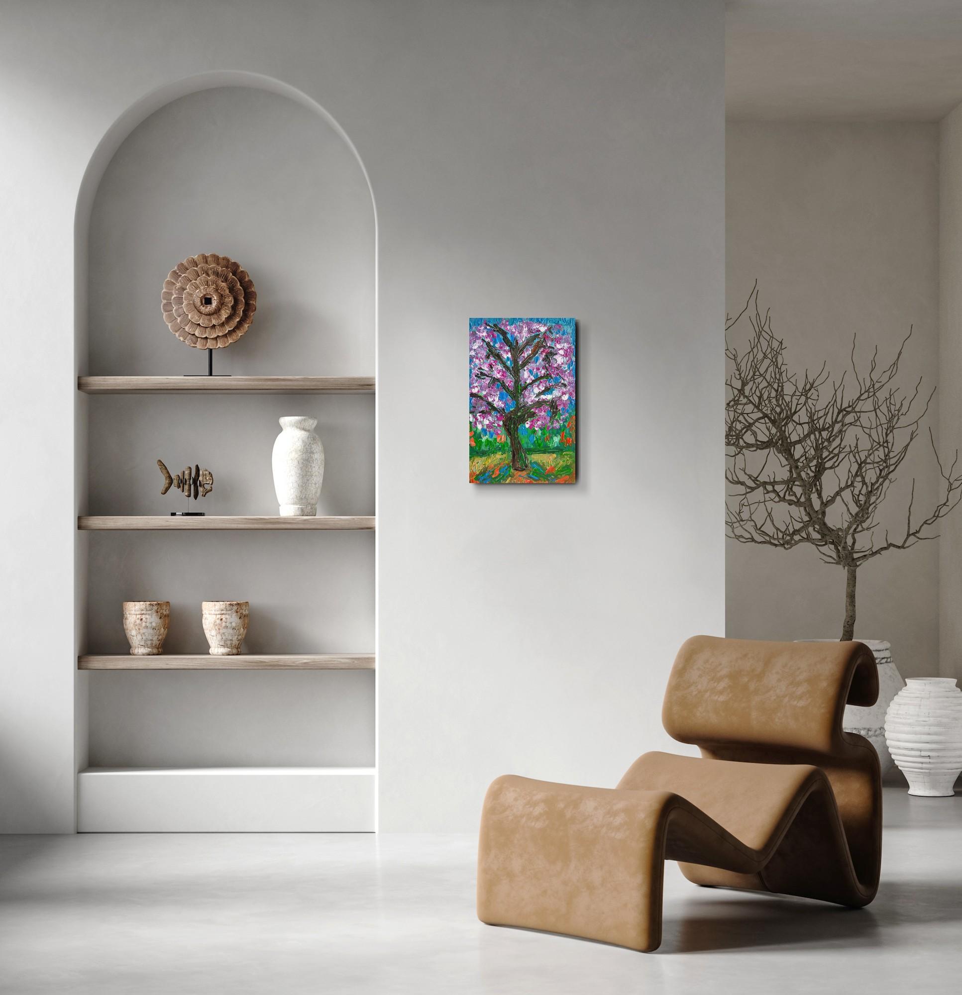 Pintura acrílica abstracta impresionista de naturaleza sobre lienzo 