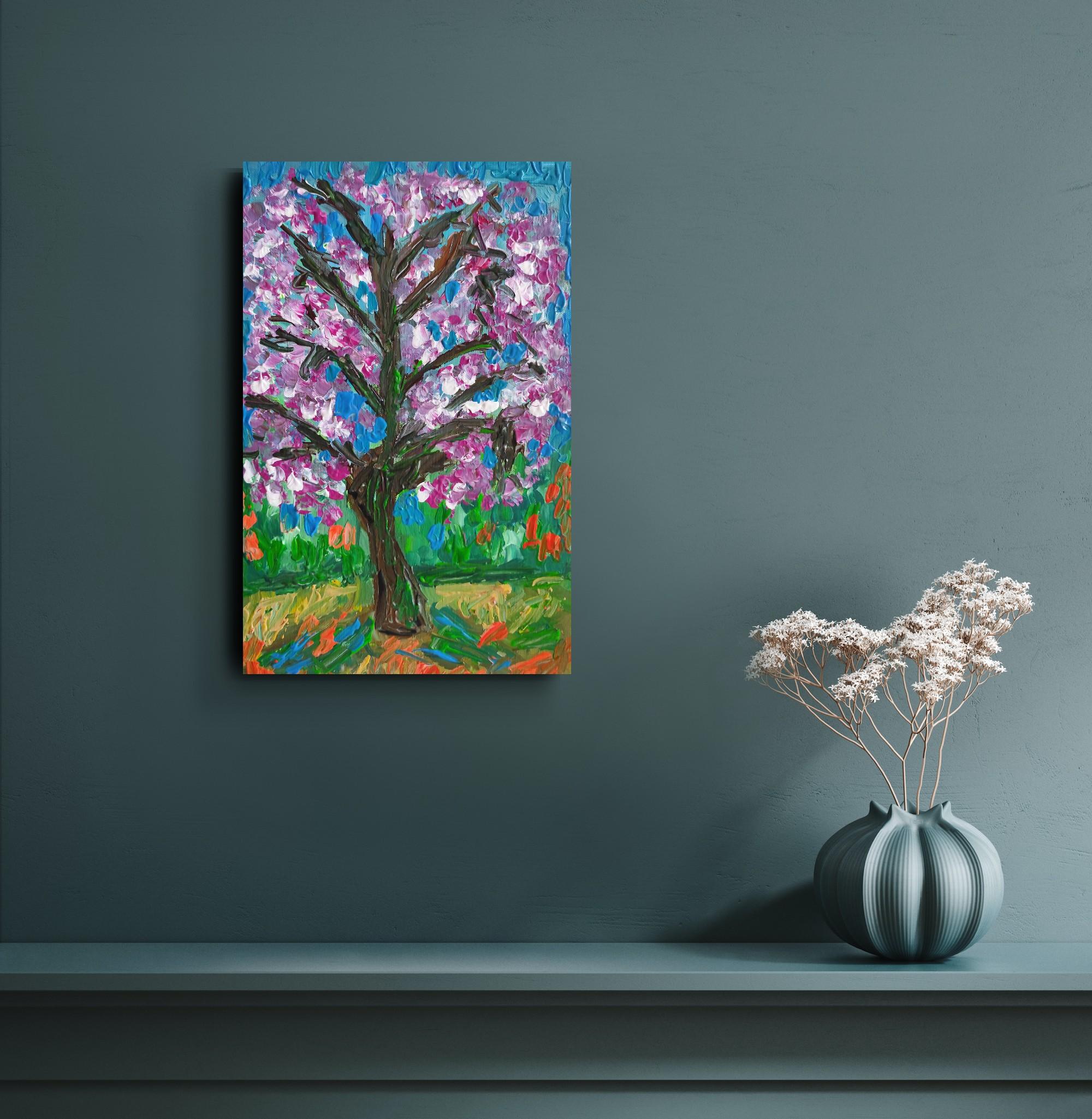 Este cuadro de paisaje impresionista abstracto contemporáneo, enriquecido con elementos del expresionismo y del brut art, es una creación de la artista francesa Natalya Mougenot.
Titulada 