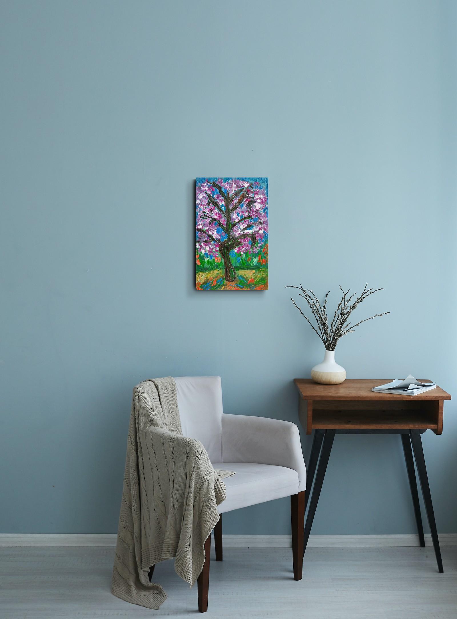 Pintura acrílica abstracta impresionista de naturaleza sobre lienzo 