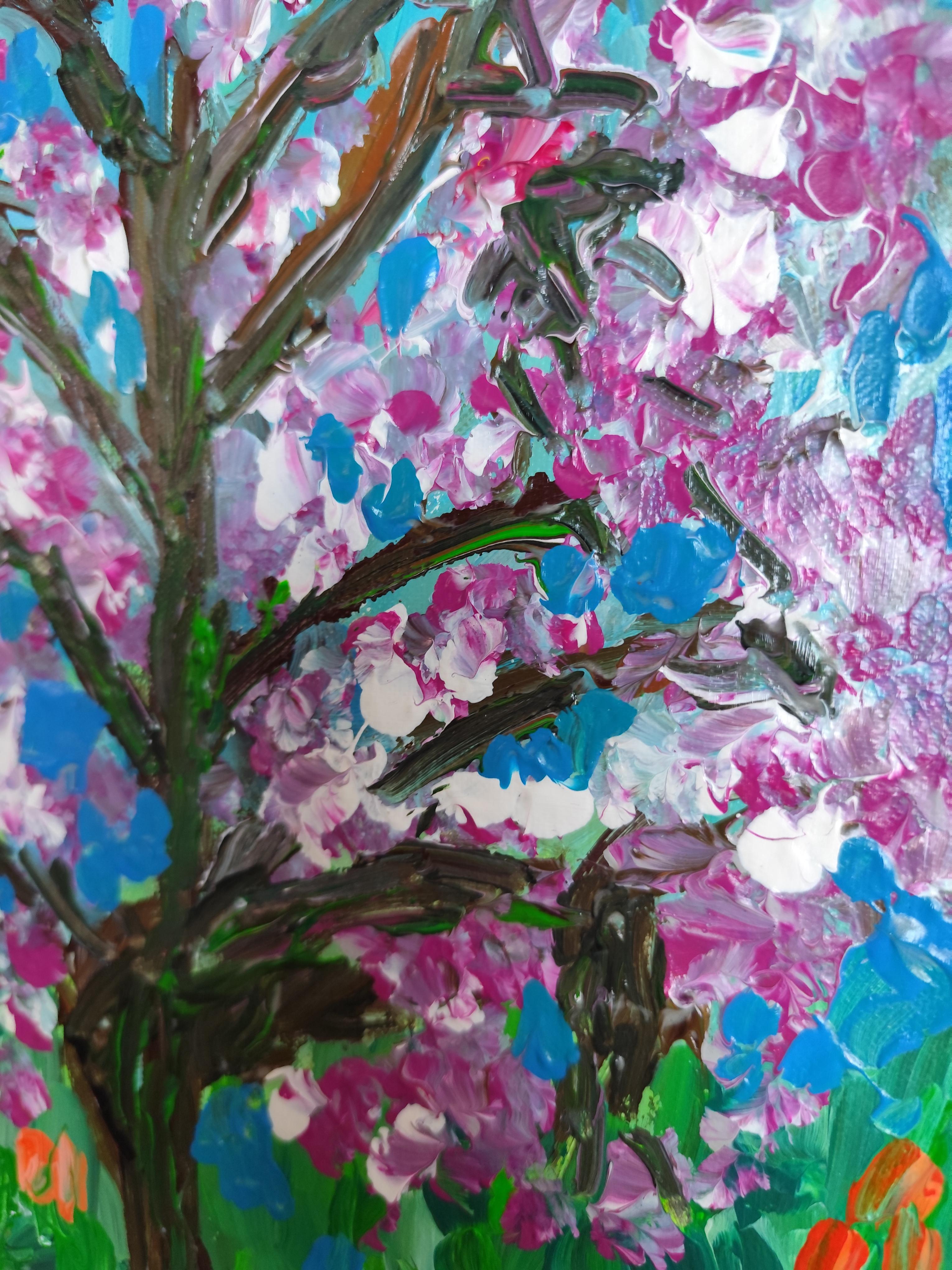 Pintura acrílica abstracta impresionista de naturaleza sobre lienzo 