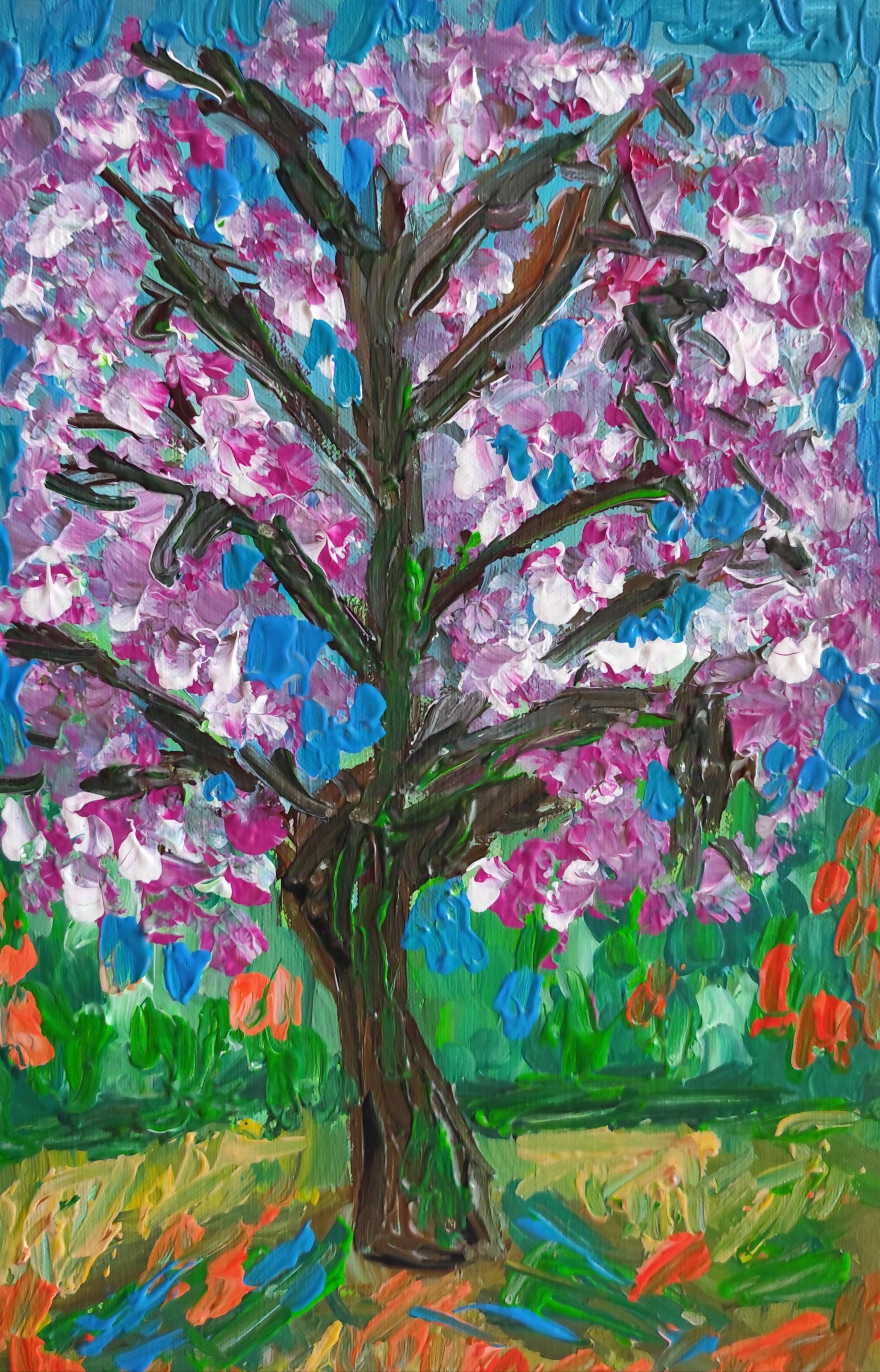 Landscape Painting de Mougenot Natalya - Pintura acrílica abstracta impresionista de naturaleza sobre lienzo "Almendro en flor"