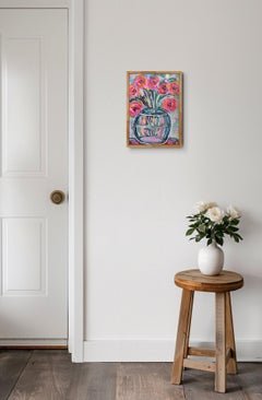 "Blooming pink" Contemporary expressionist still life floral painting on paper