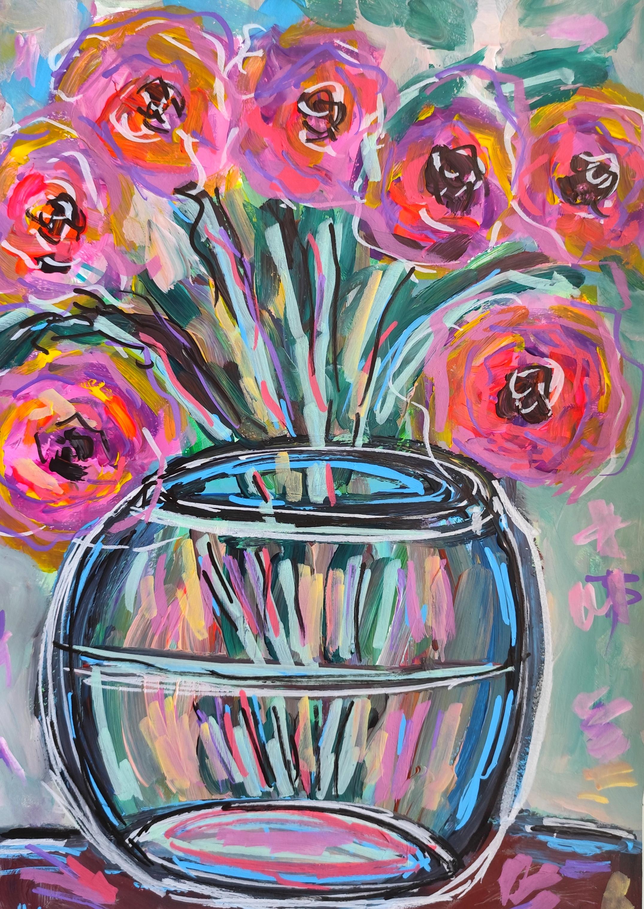 « Rose épanoui » : nature morte florale de style expressionniste contemporain, peinture sur papier
