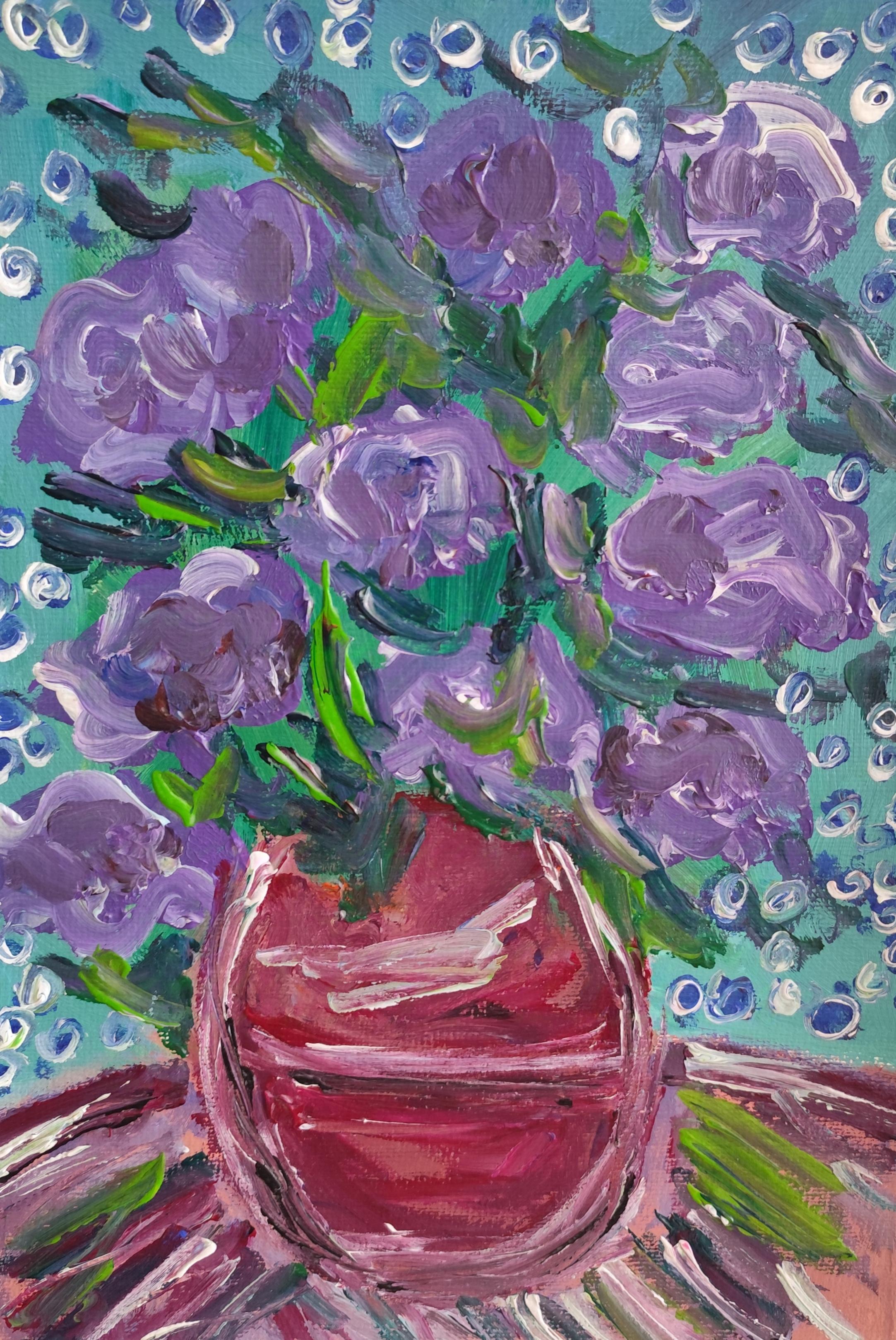 "Lirios morados en flor" ( pintura floral acrílica impresionista sobre papel)
