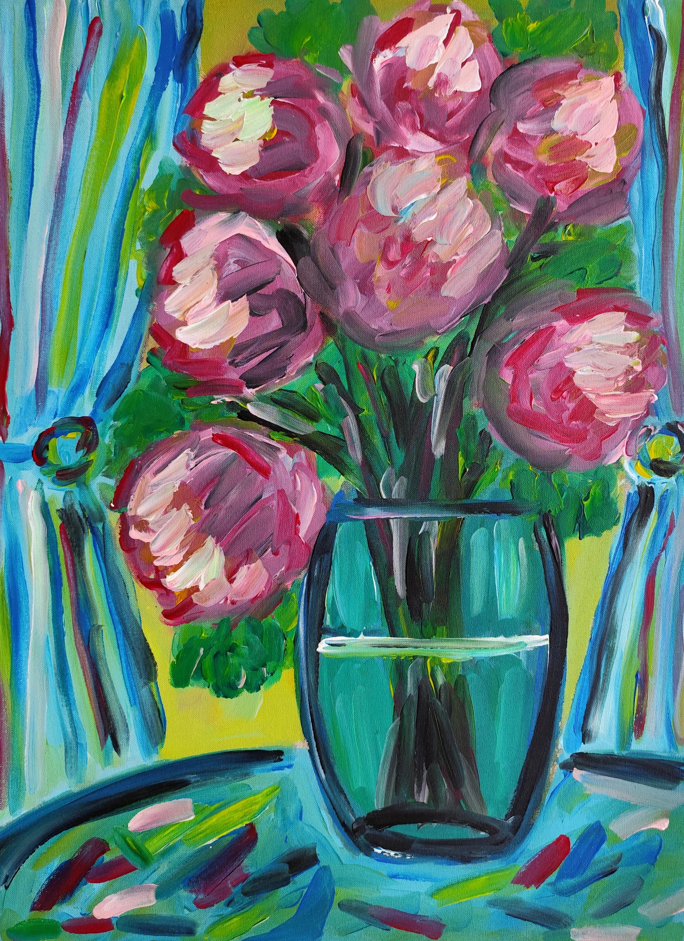 "Blooming Silence” Contemporary Acrylic Painting on canvas Floral Still life