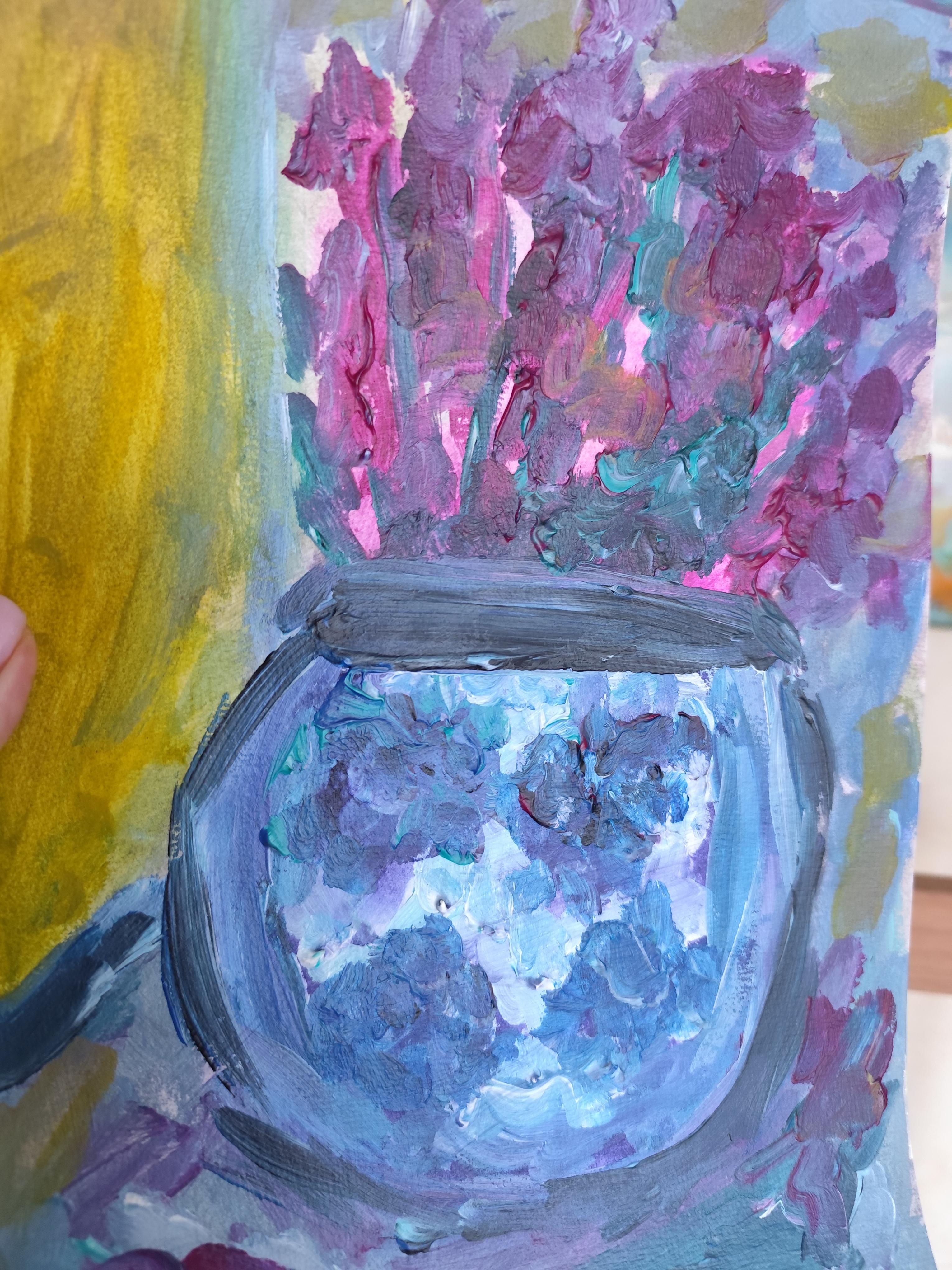 Composizione di natura morta contemporanea di fiori in vaso acrilico su carta in vendita 6