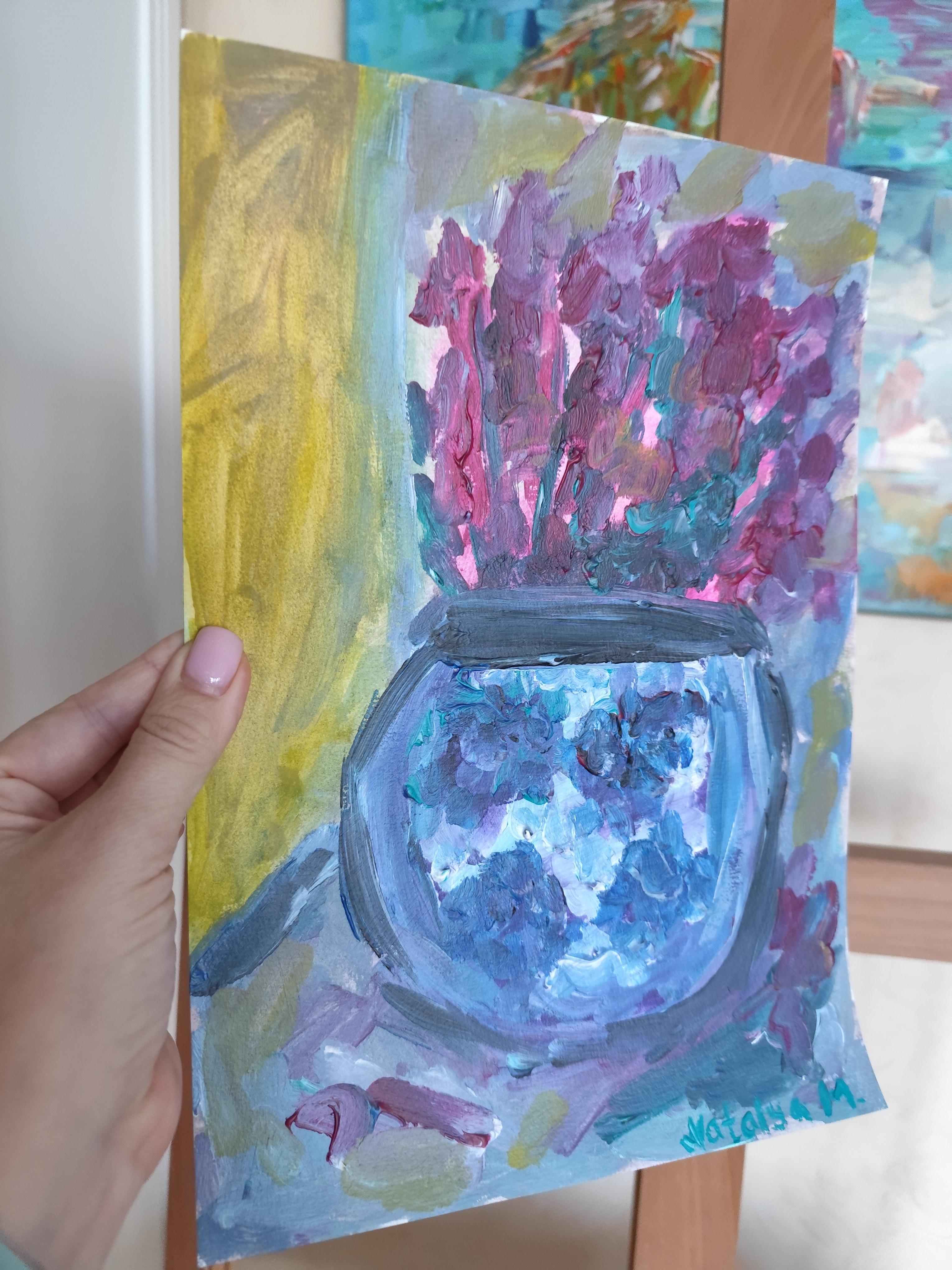 Composizione di natura morta contemporanea di fiori in vaso acrilico su carta in vendita 7