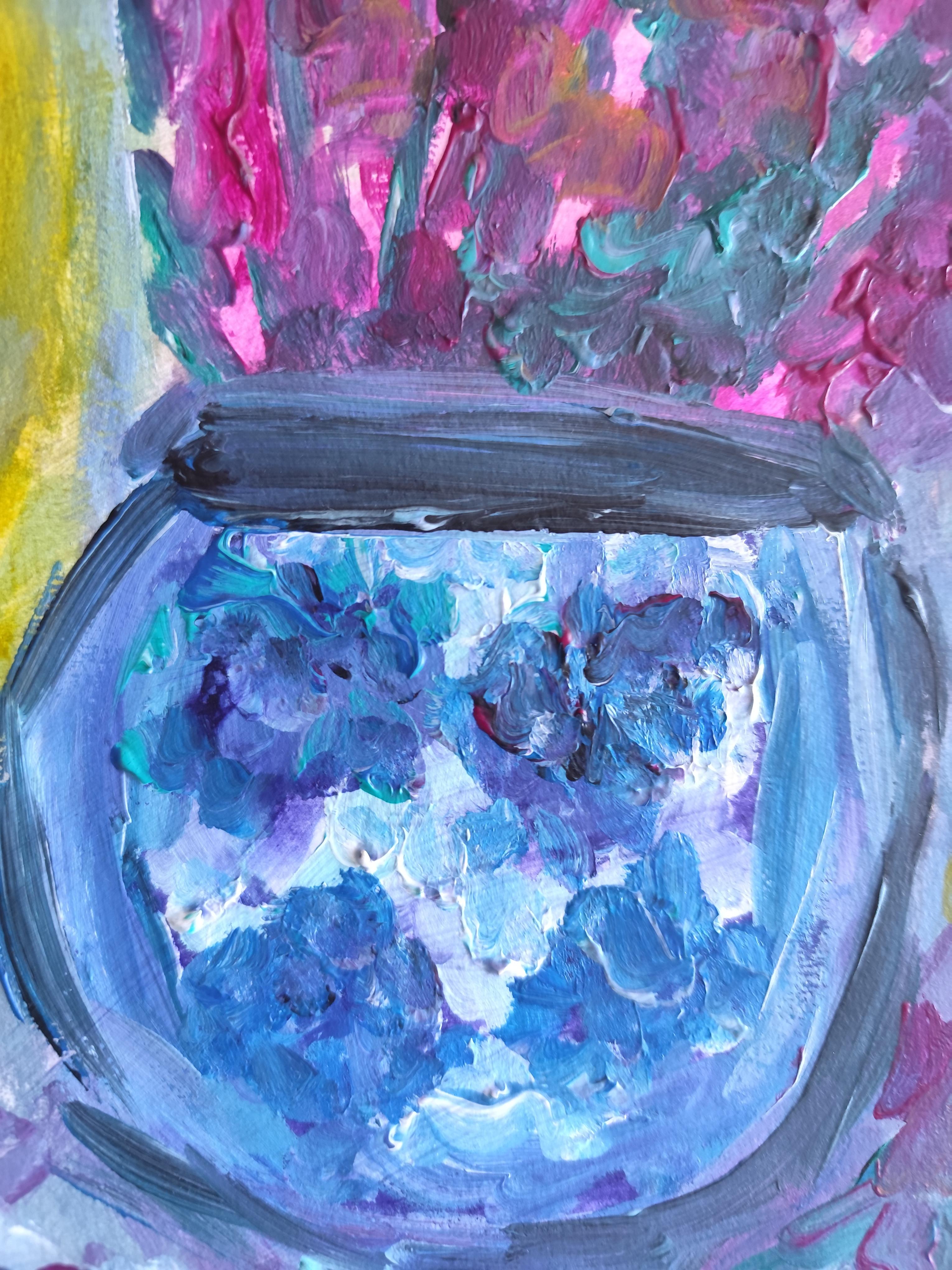 Composizione di natura morta contemporanea di fiori in vaso acrilico su carta in vendita 14