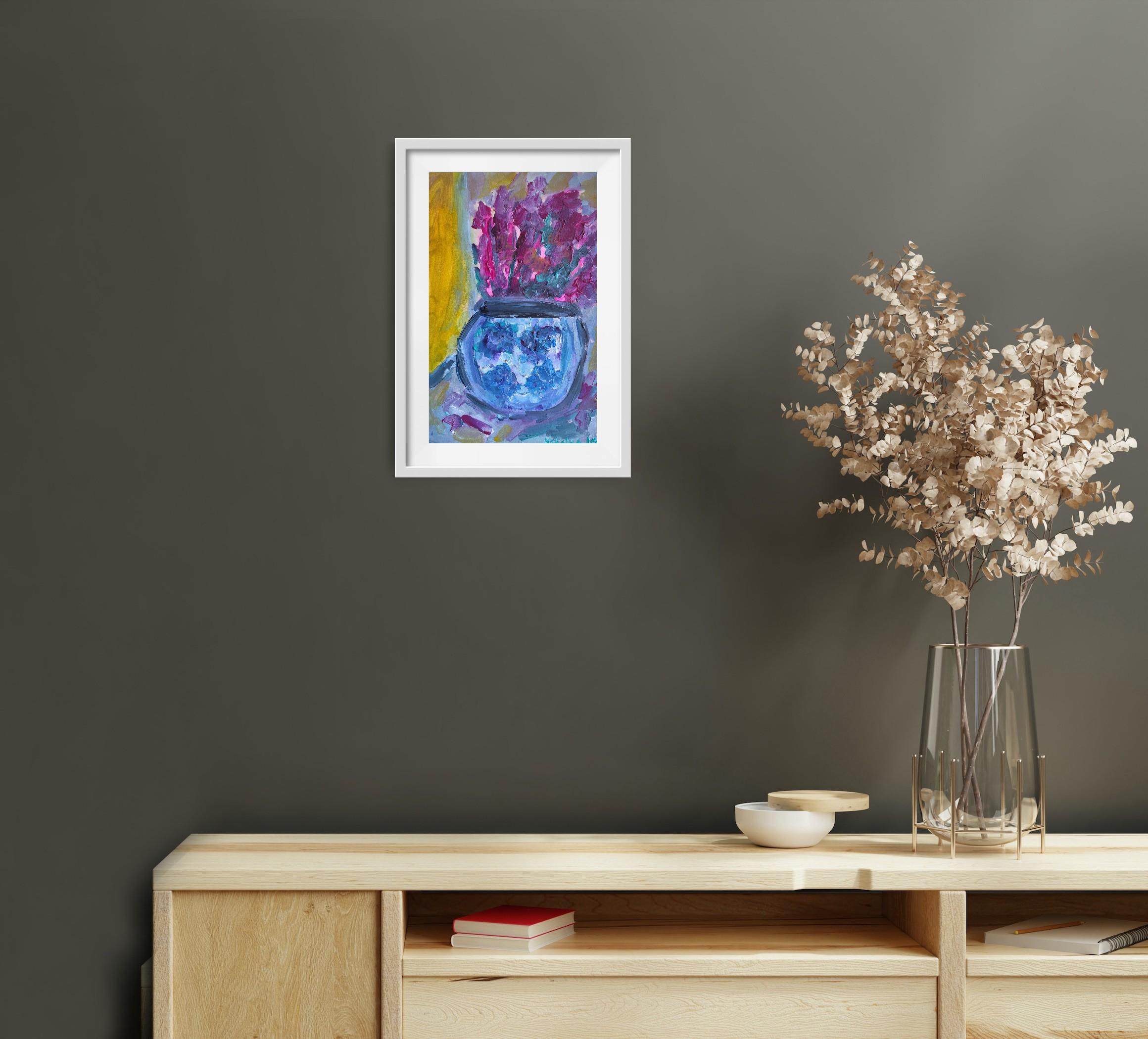 Composizione di natura morta contemporanea di fiori in vaso acrilico su carta - Painting di Mougenot Natalya