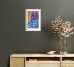 Contemporary still life composition of flowers in a pot acrylic on paper