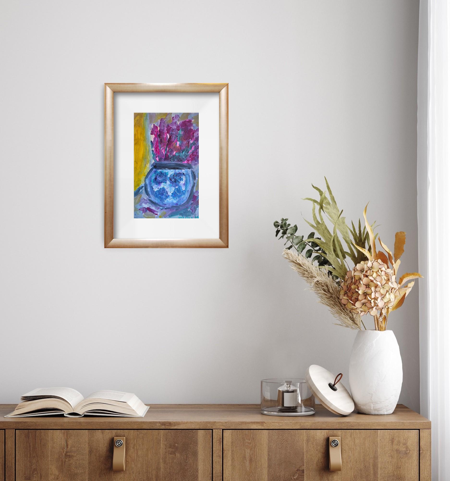 Composizione di natura morta contemporanea di fiori in vaso acrilico su carta - Still-Life Painting Arancia di Mougenot Natalya