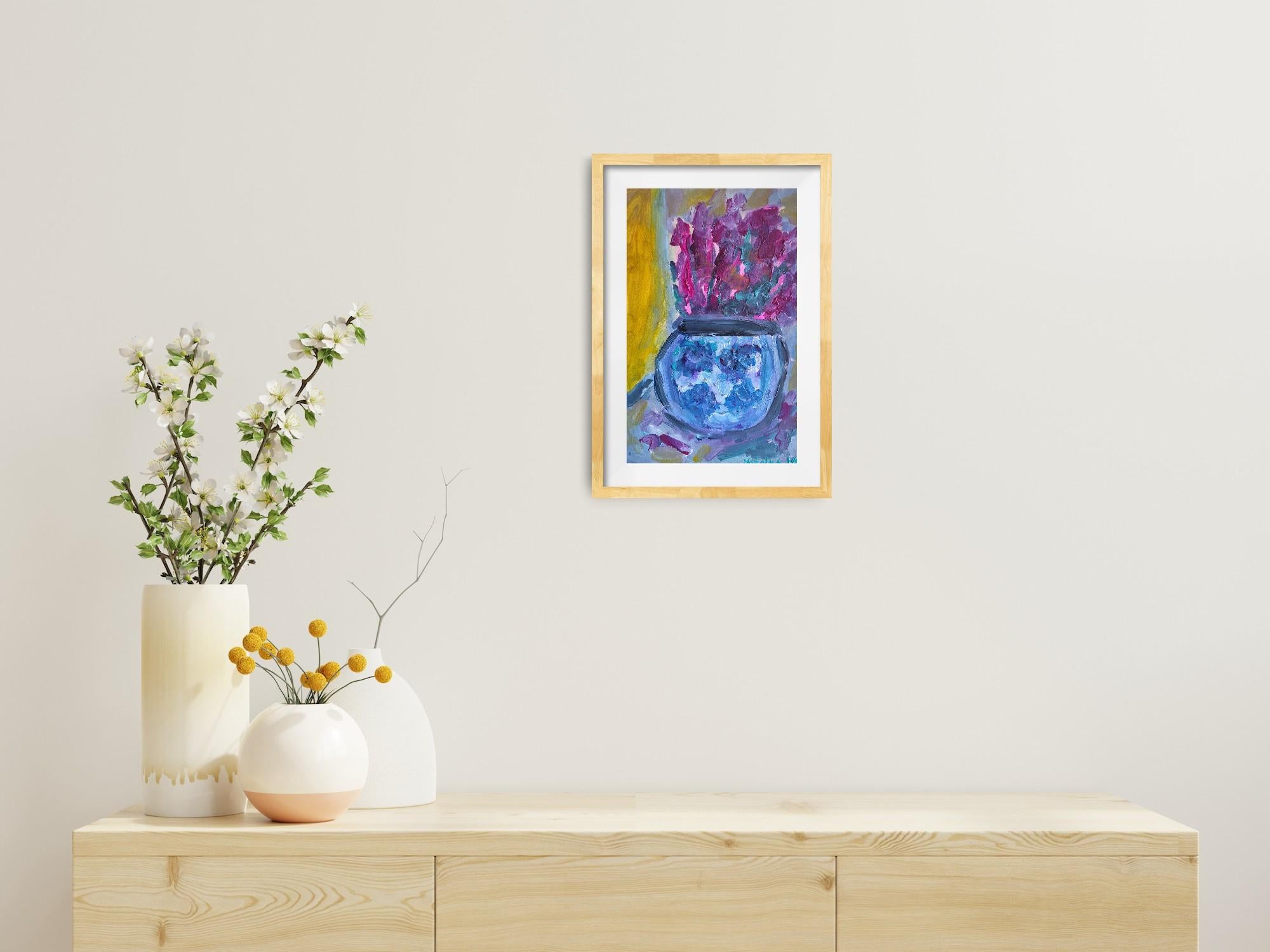Composizione di natura morta contemporanea di fiori in vaso acrilico su carta in vendita 2