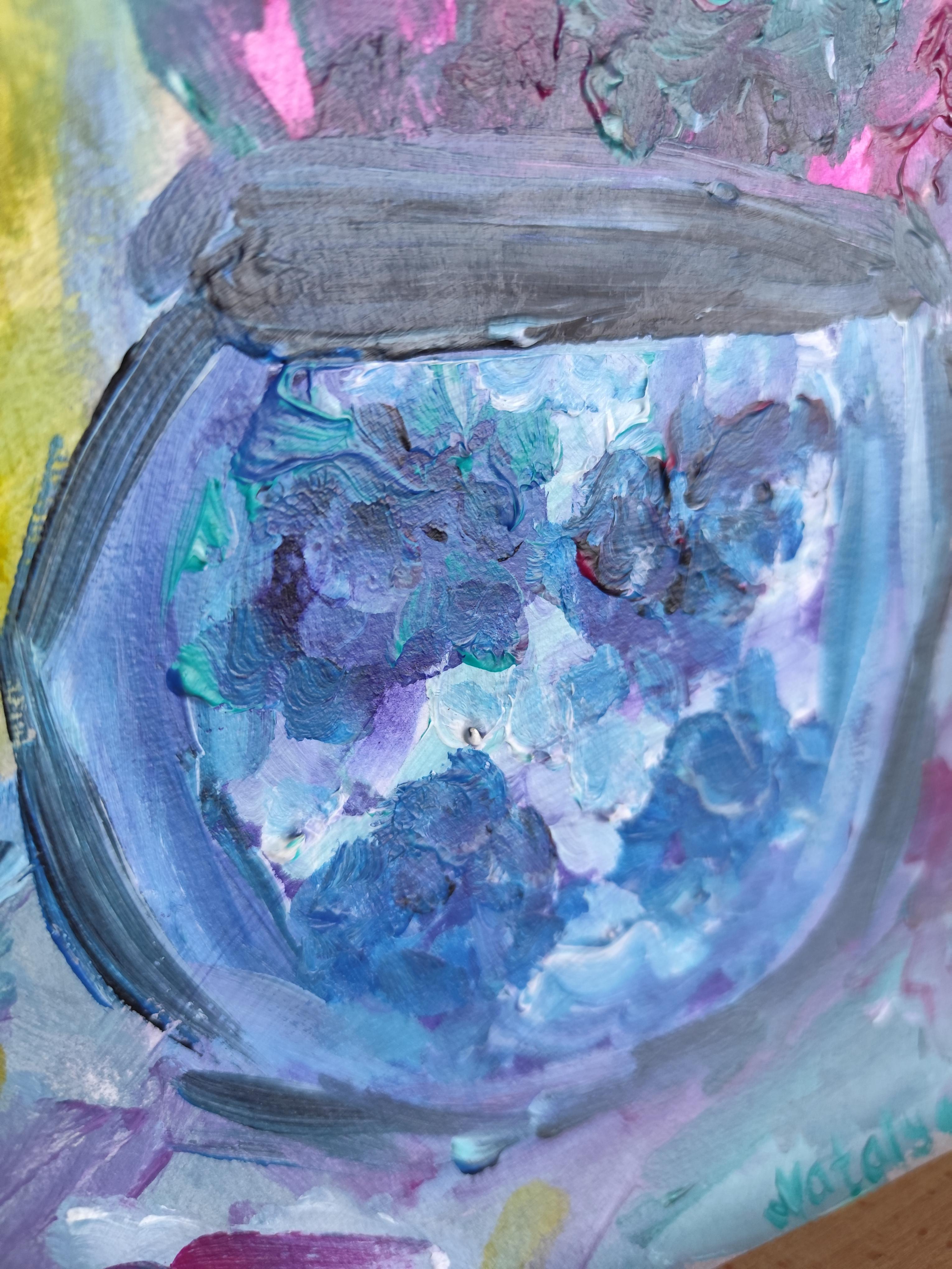 Composizione di natura morta contemporanea di fiori in vaso acrilico su carta in vendita 4