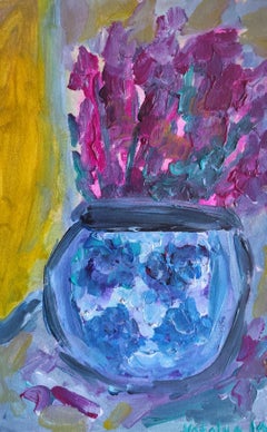 Nature morte contemporaine composée de fleurs dans un pot acrylique sur papier