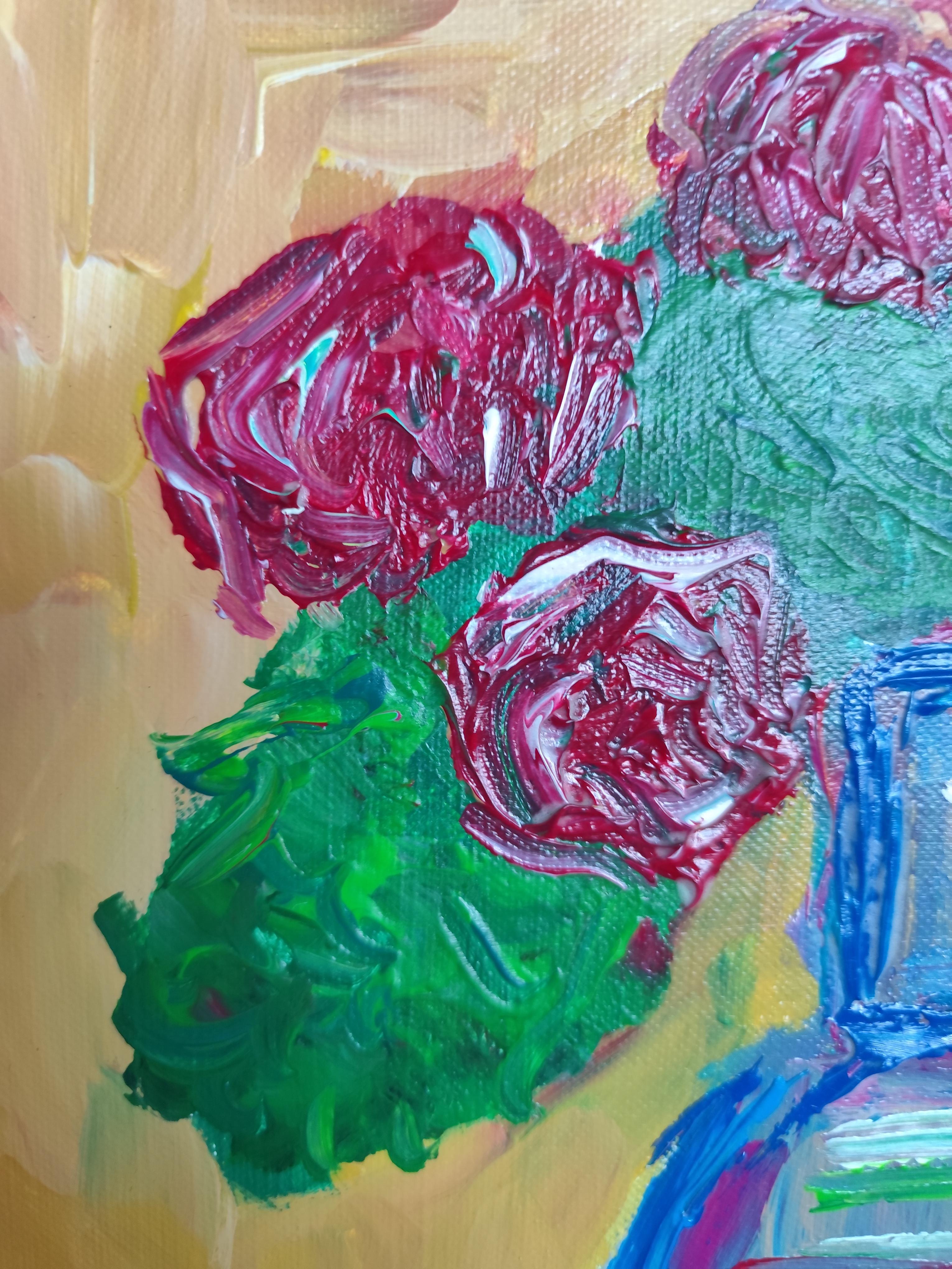 Impressionistisches Blumenstrauß-Acrylgemälde auf Leinwand „Bouquet of Roses“ im Angebot 5
