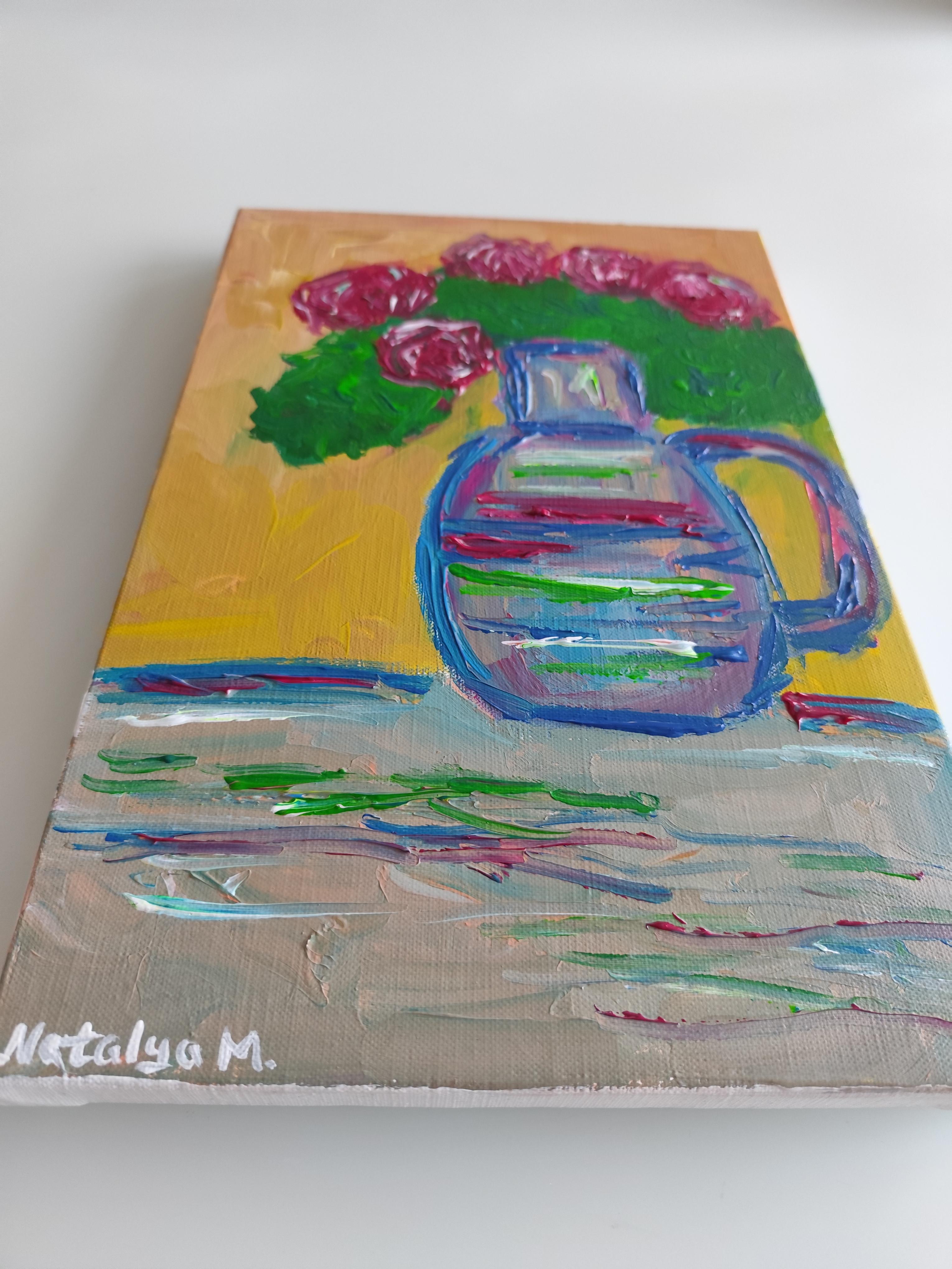 Impressionistisches Blumenstrauß-Acrylgemälde auf Leinwand „Bouquet of Roses“ im Angebot 14