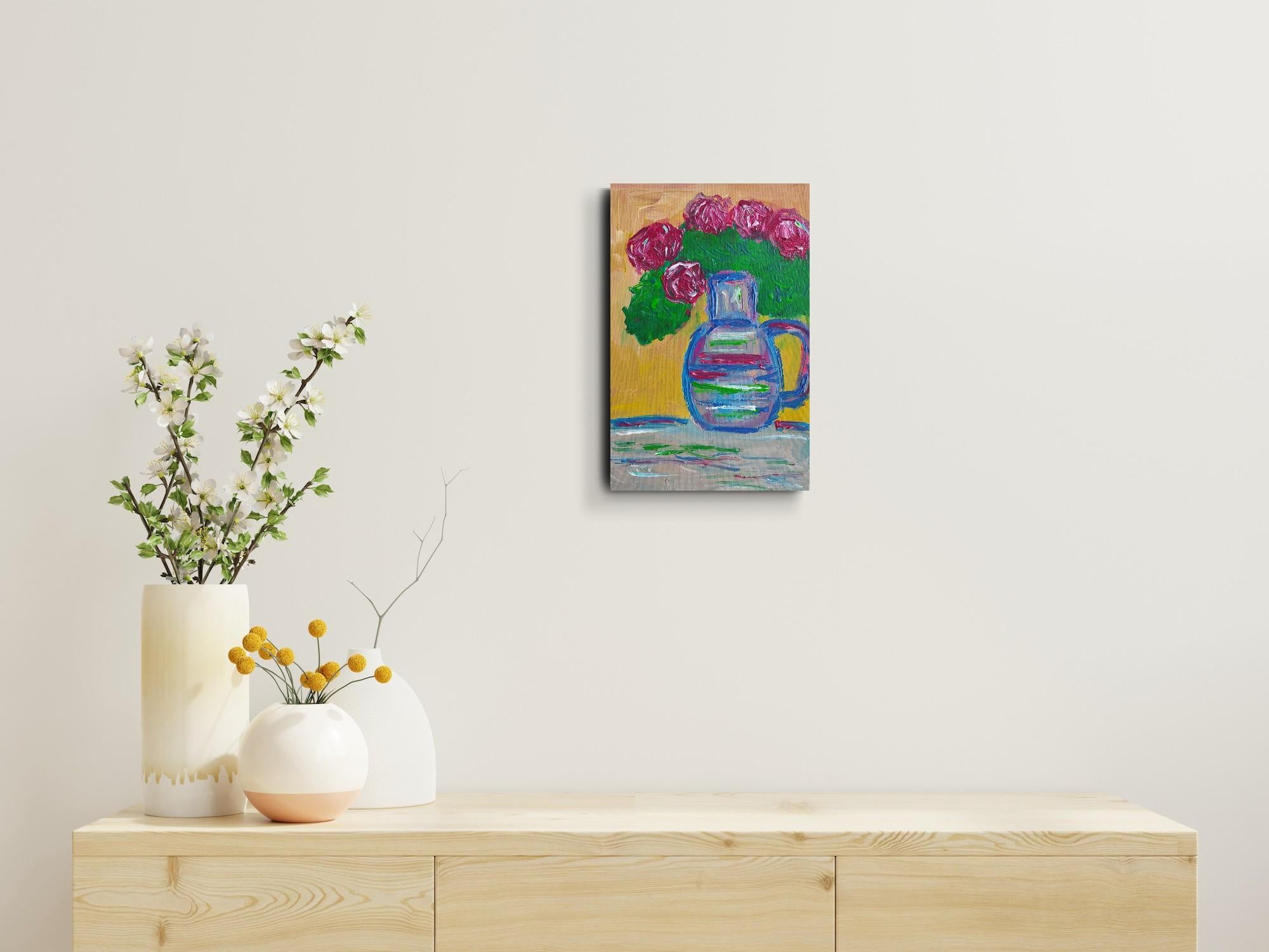 Impressionistisches Blumenstrauß-Acrylgemälde auf Leinwand „Bouquet of Roses“ (Braun), Abstract Painting, von Mougenot Natalya