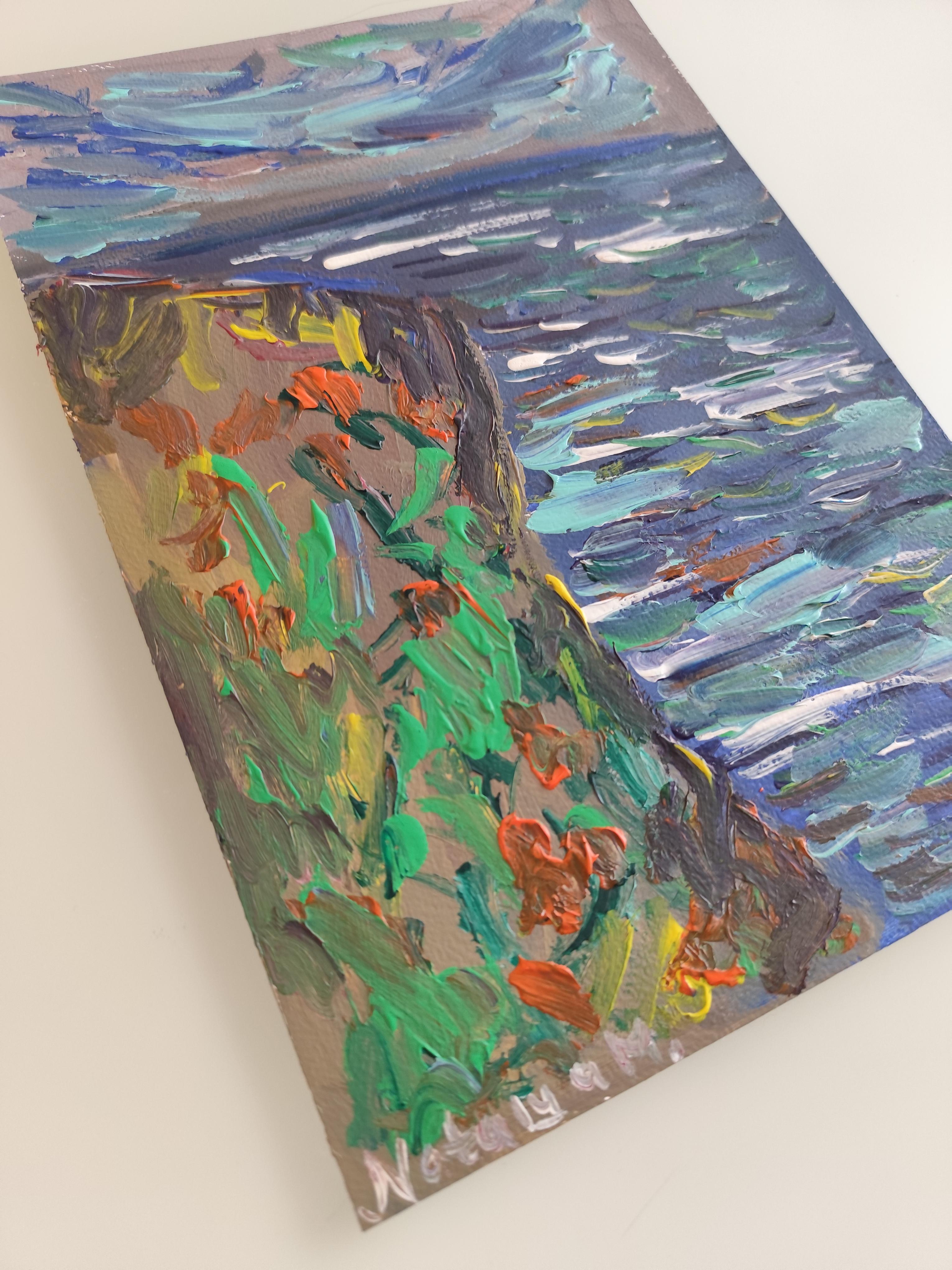 Peinture acrylique contemporaine impressionniste abstraite sur papier, nature en bord de mer en vente 5