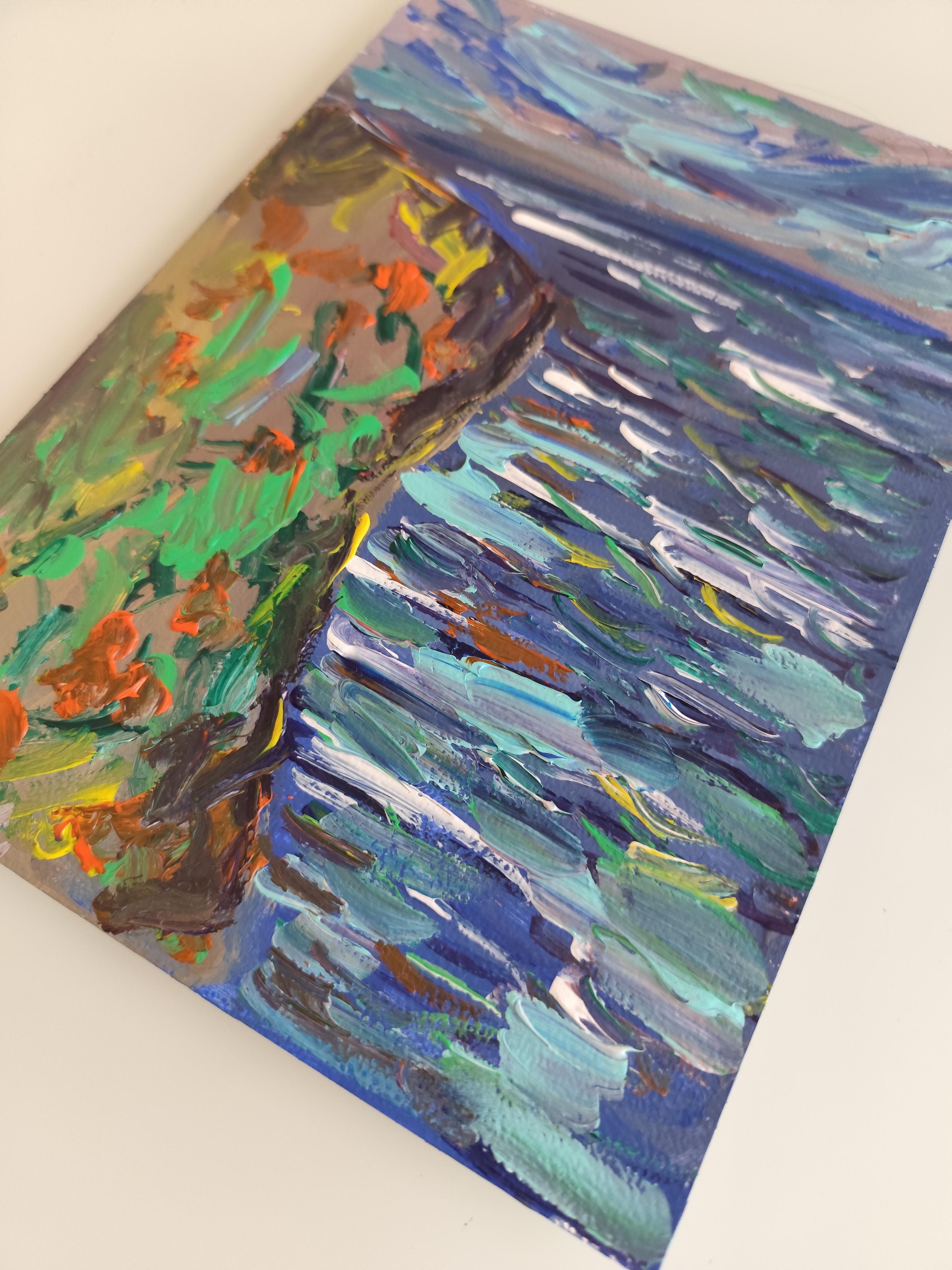 Peinture acrylique contemporaine impressionniste abstraite sur papier, nature en bord de mer en vente 6