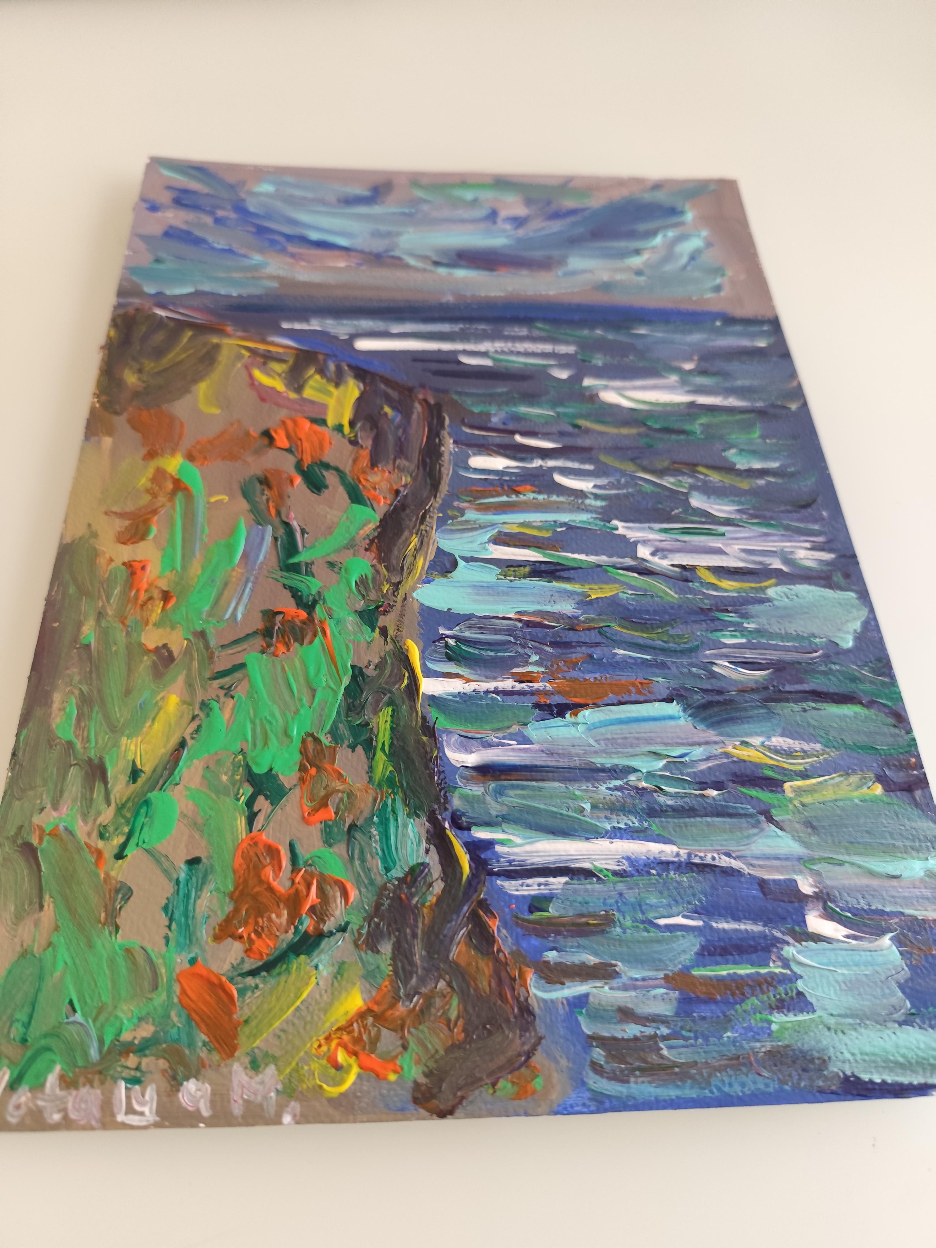 Peinture acrylique contemporaine impressionniste abstraite sur papier, nature en bord de mer en vente 7