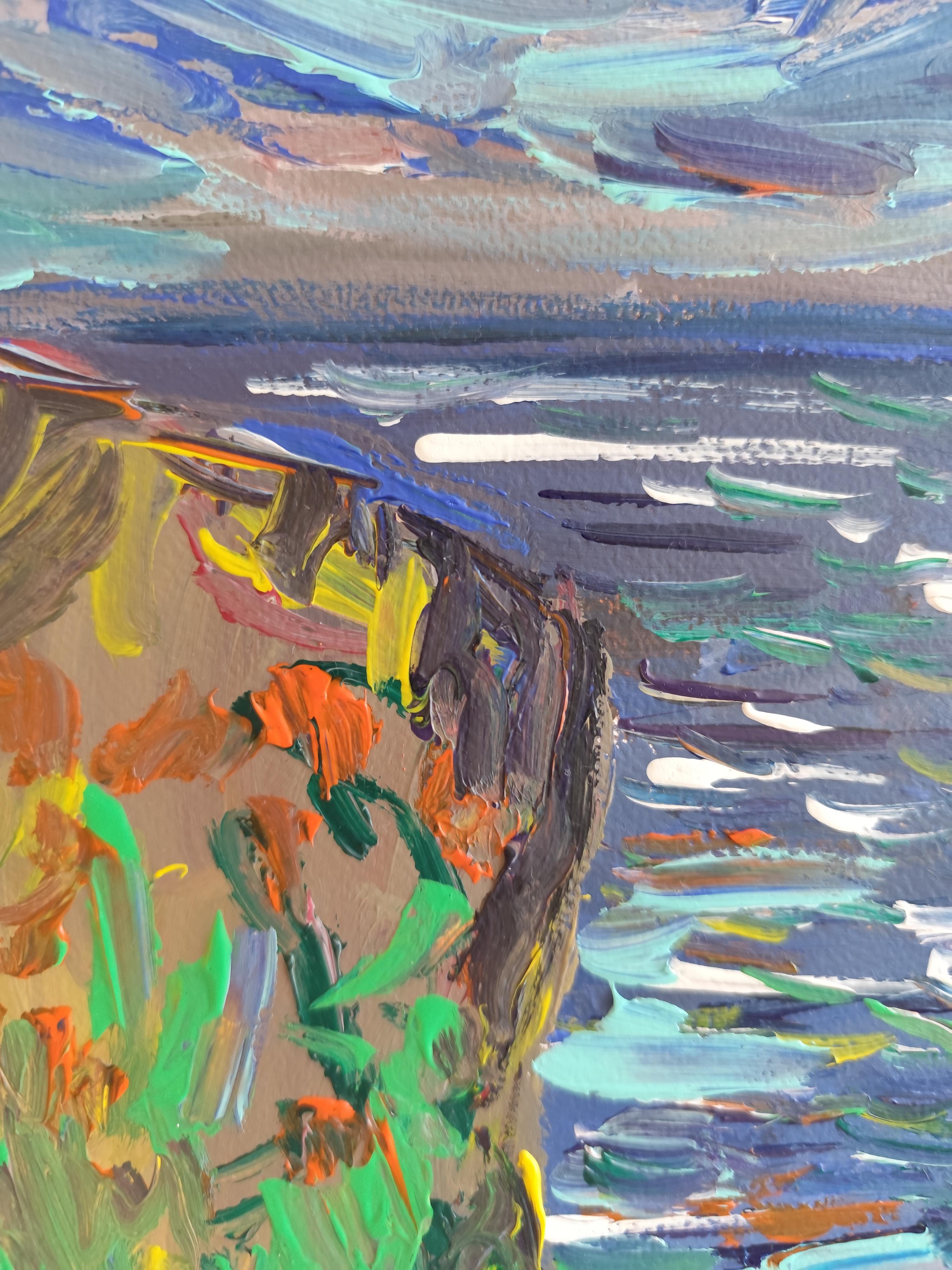 Peinture acrylique contemporaine impressionniste abstraite sur papier, nature en bord de mer en vente 8