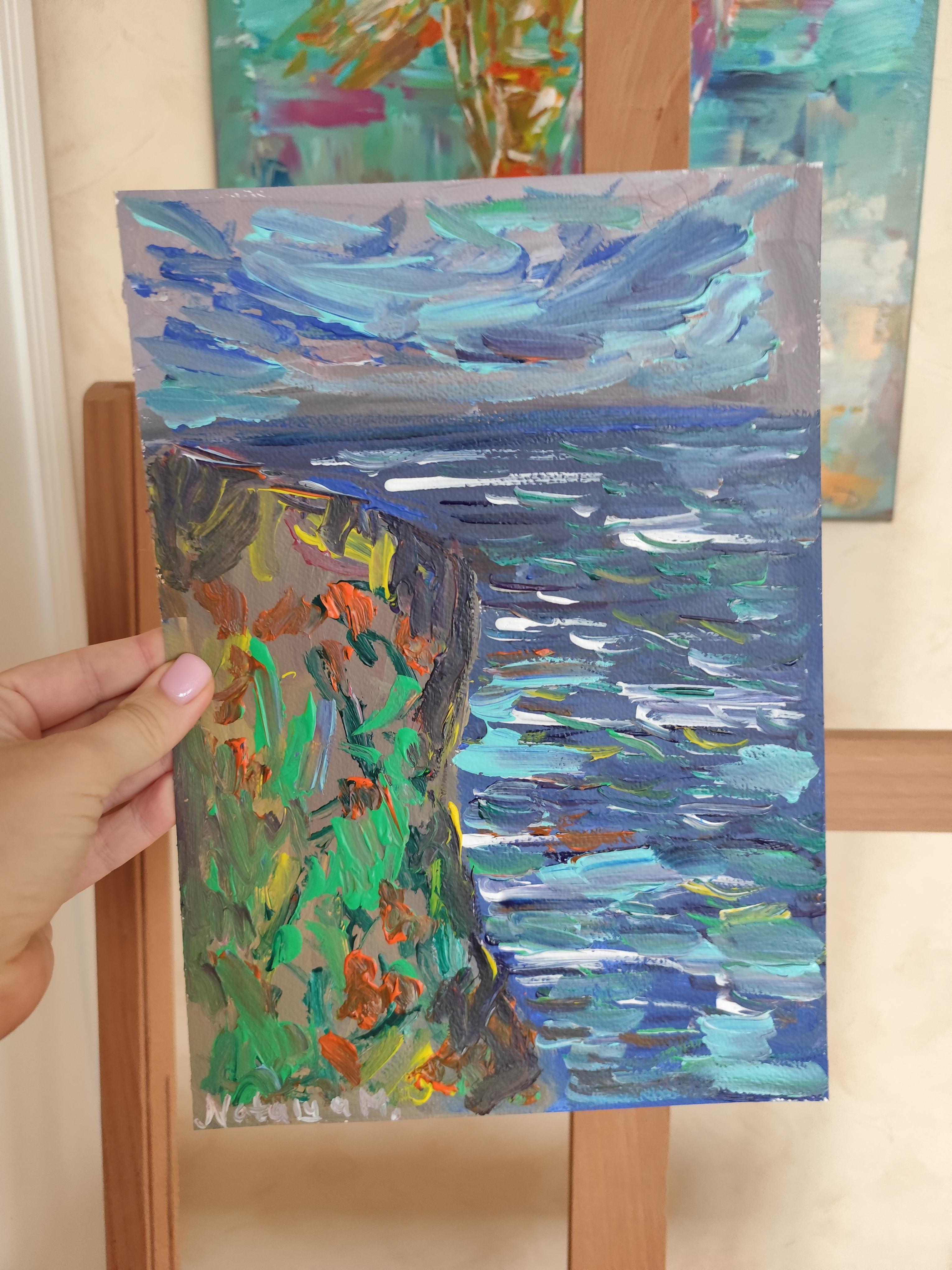 Peinture acrylique contemporaine impressionniste abstraite sur papier, nature en bord de mer en vente 9