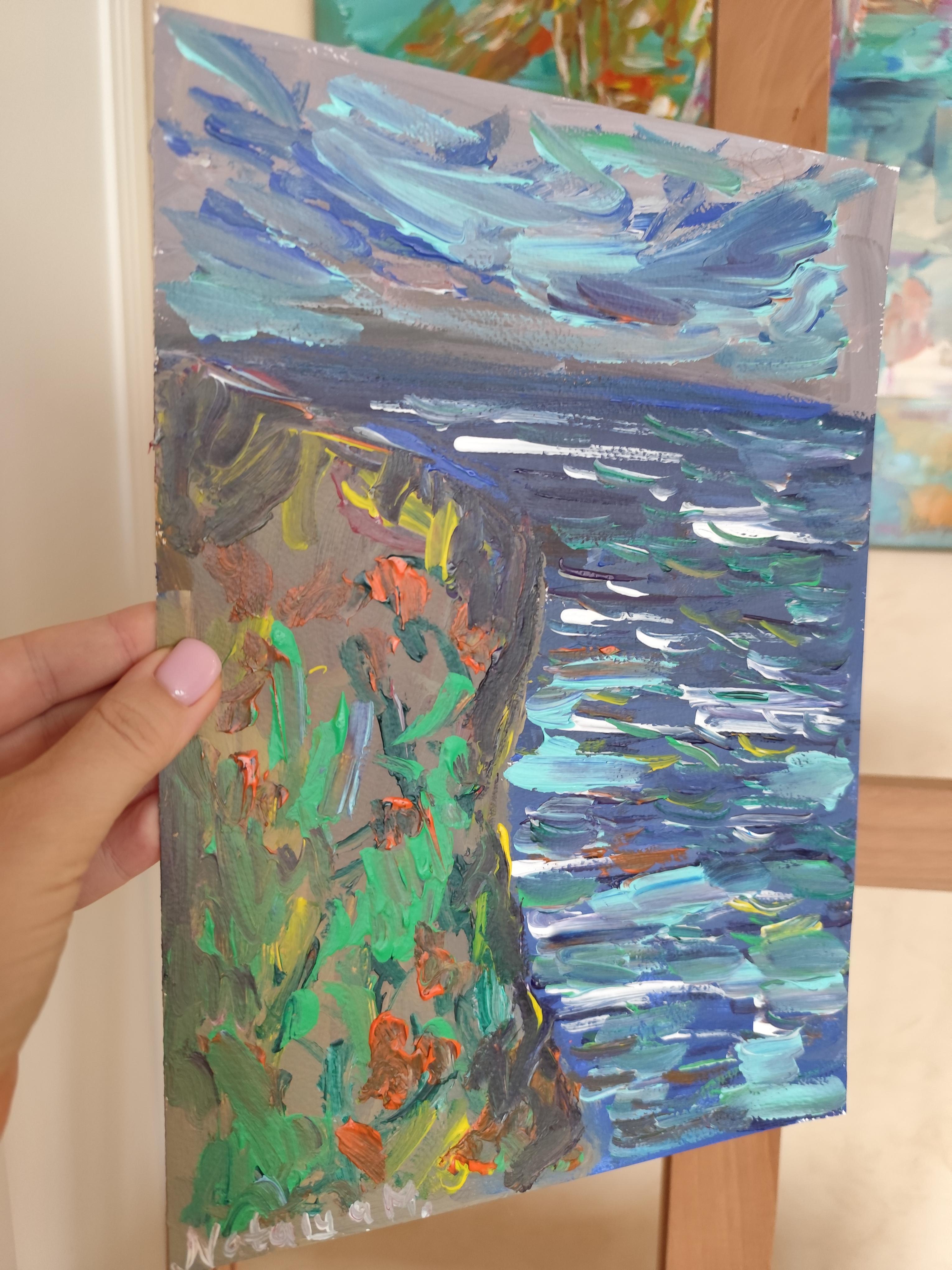 Peinture acrylique contemporaine impressionniste abstraite sur papier, nature en bord de mer en vente 10