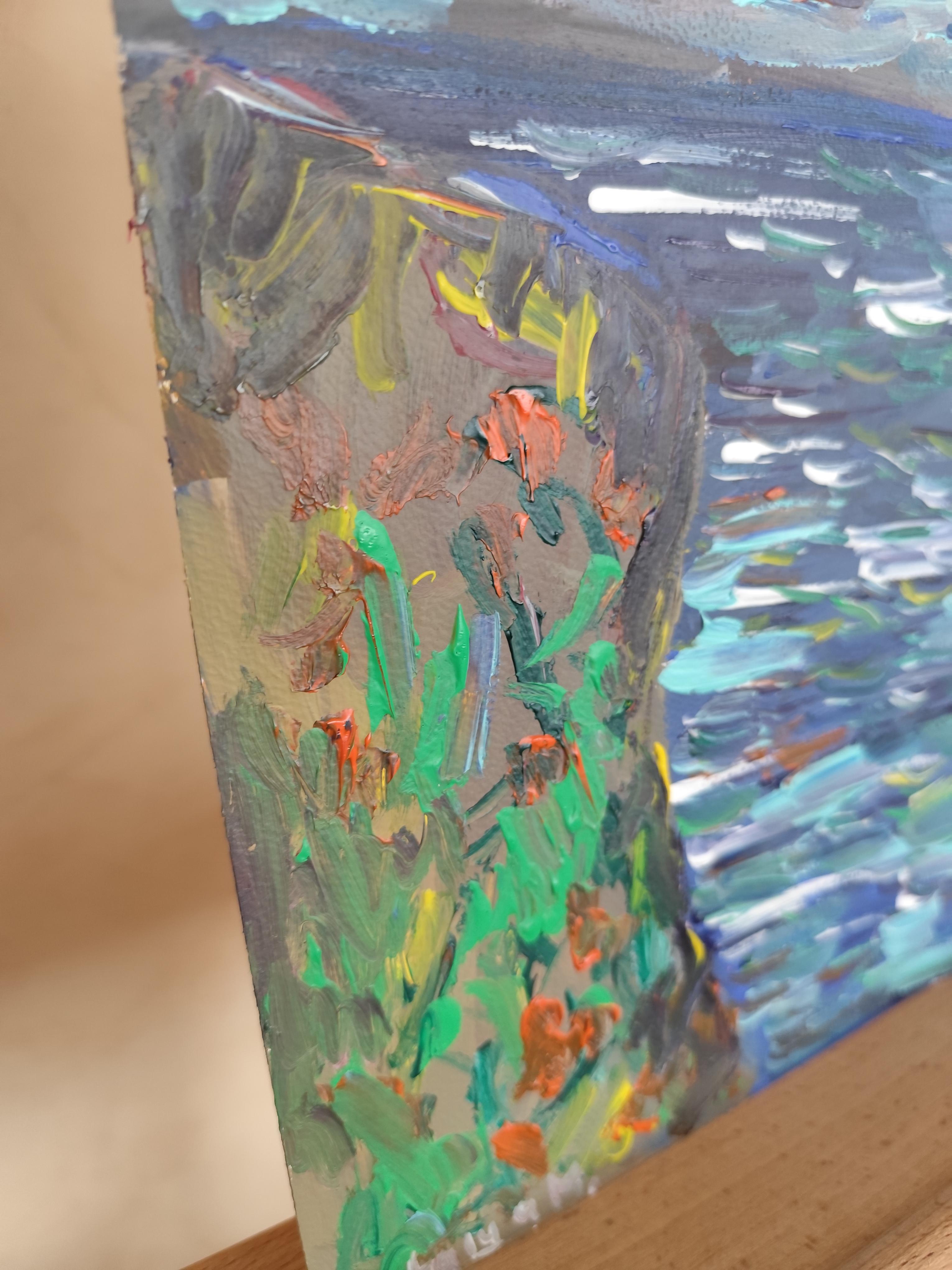 Peinture acrylique contemporaine impressionniste abstraite sur papier, nature en bord de mer en vente 12