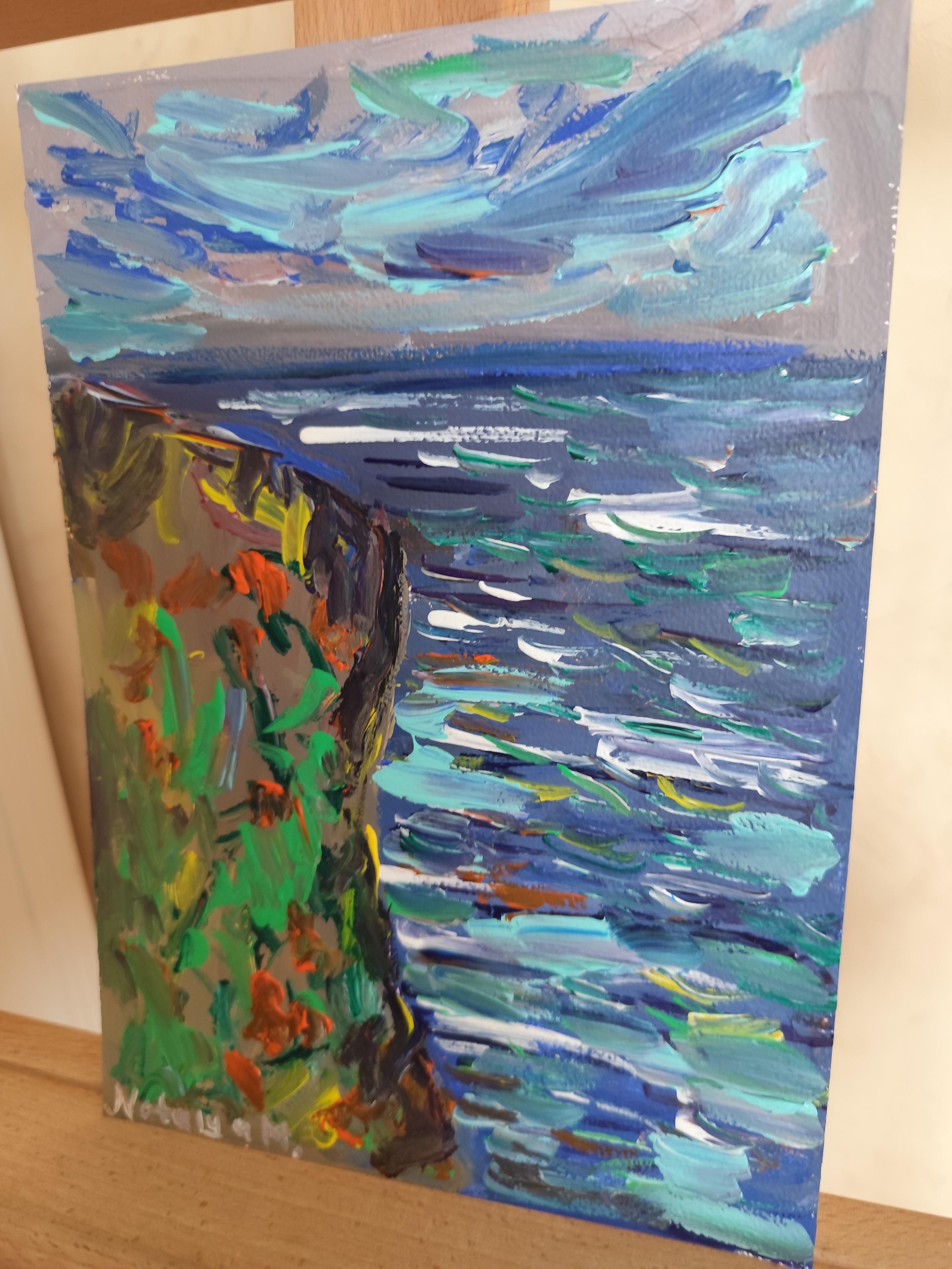 Peinture acrylique contemporaine impressionniste abstraite sur papier, nature en bord de mer en vente 13