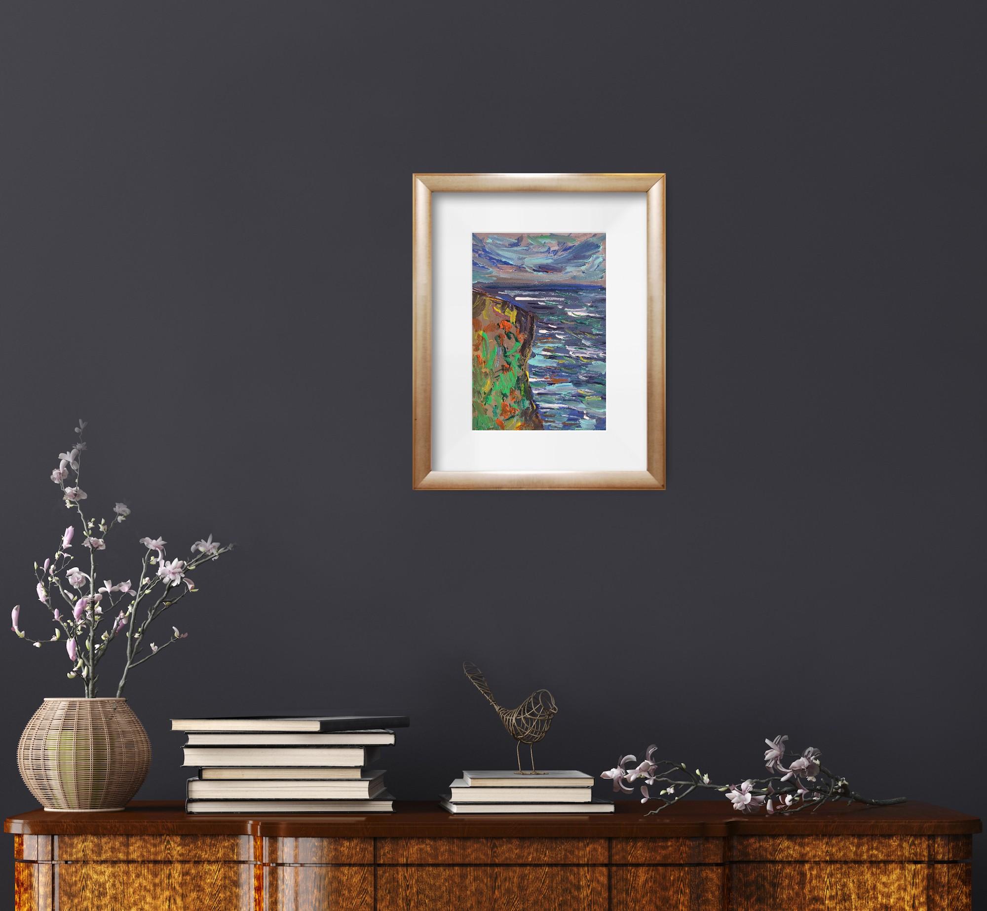 Peinture acrylique contemporaine impressionniste abstraite sur papier, nature en bord de mer - Painting de Mougenot Natalya